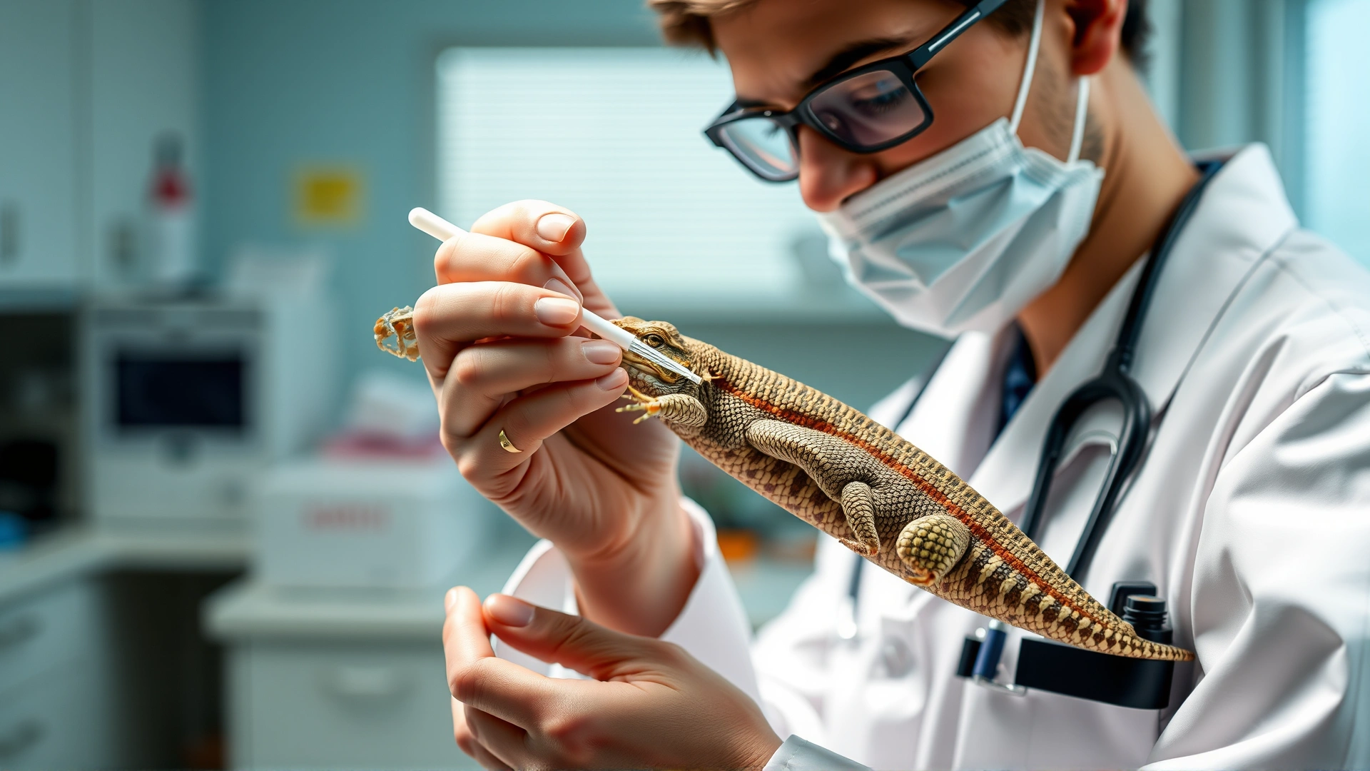 Veterinarian in lab coat taking a swab sample from a reptile's skin while lab equipment is blurred in background, bright clinic setting