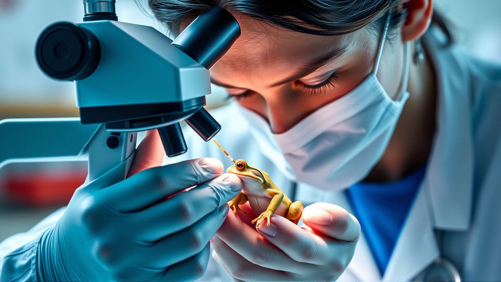 Veterinarian in a lab gently taking a skin scraping from a small frog under a microscope, showcasing diagnostic procedure.