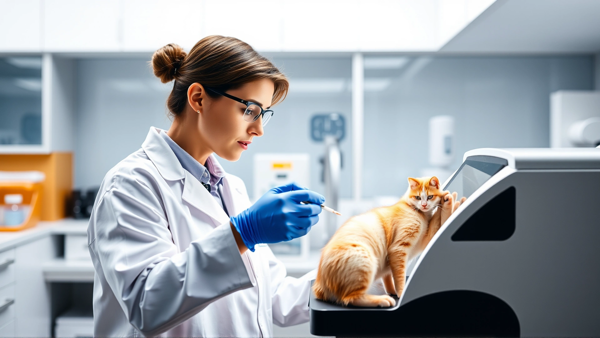 Veterinary technician wearing lab coat and gloves examining feline blood samples with a modern hematology analyzer in a bright lab setting.