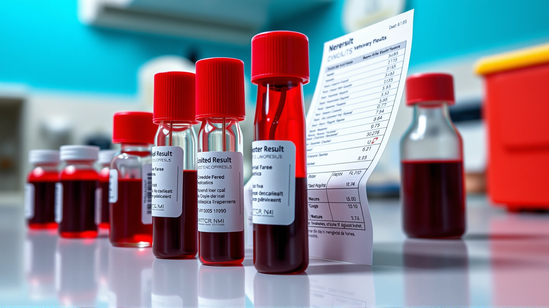 Macro shot of blood vials and a printout of laboratory results on a veterinary clinic counter, shallow depth of field, no text