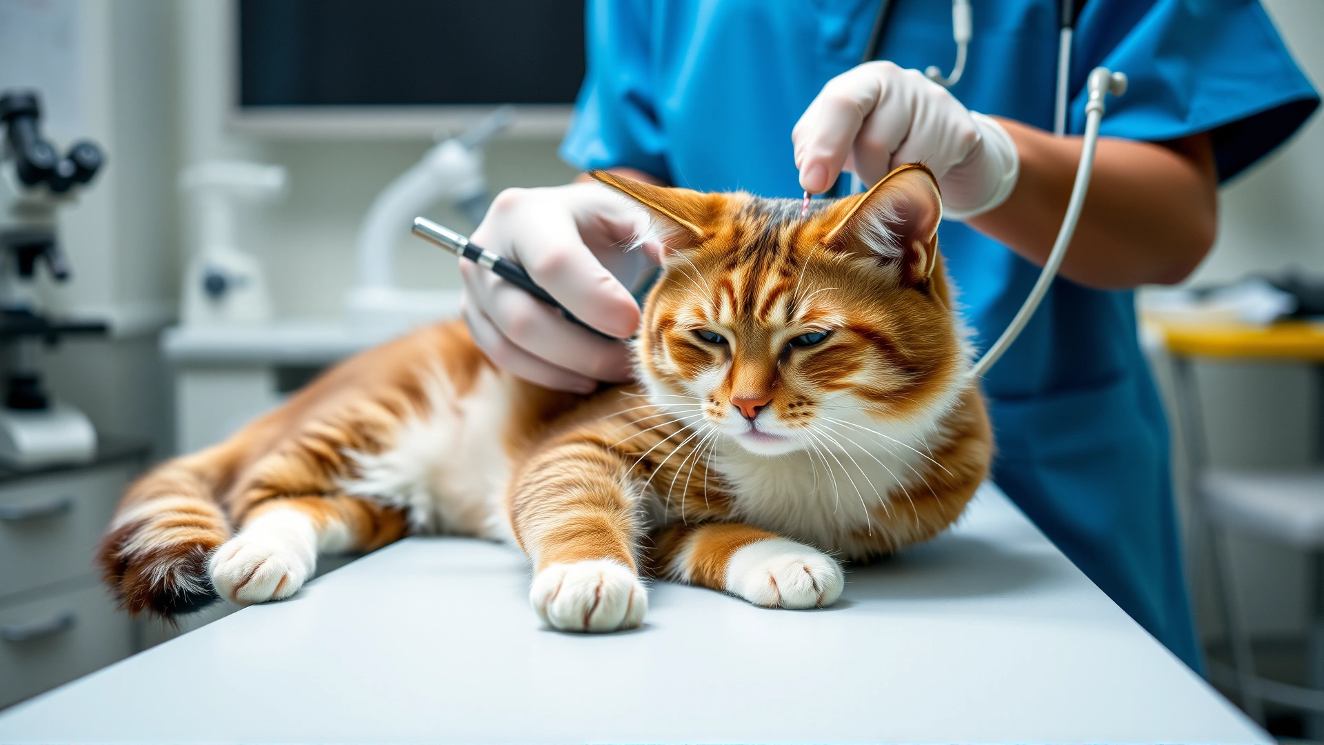 Veterinarian drawing blood from a relaxed cat on an examination table; lab equipment and microscope in background