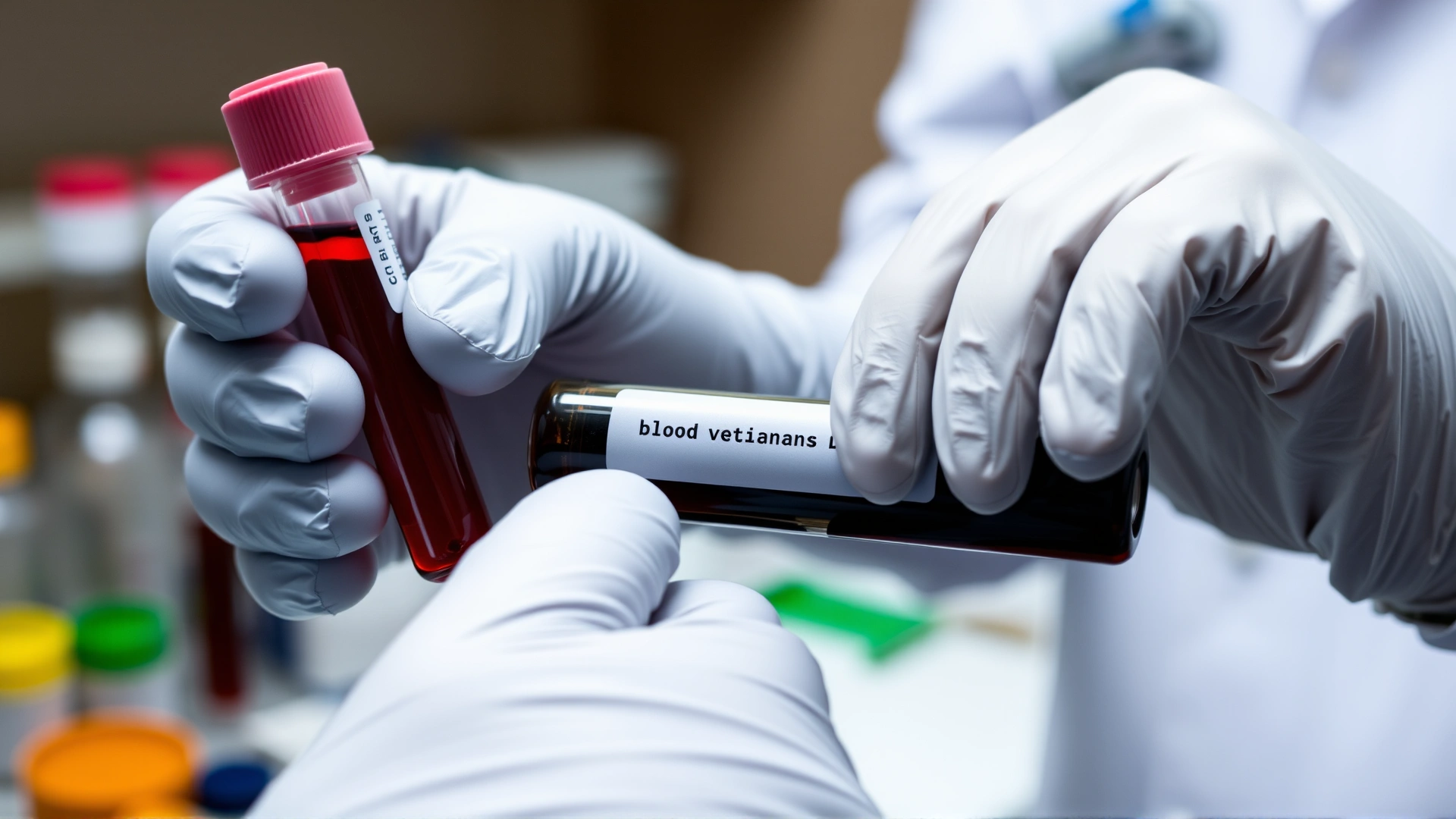 Close-up of a veterinarian's gloved hands holding blood sample tubes with lab equipment blurred in the background, representing diagnostic testing.