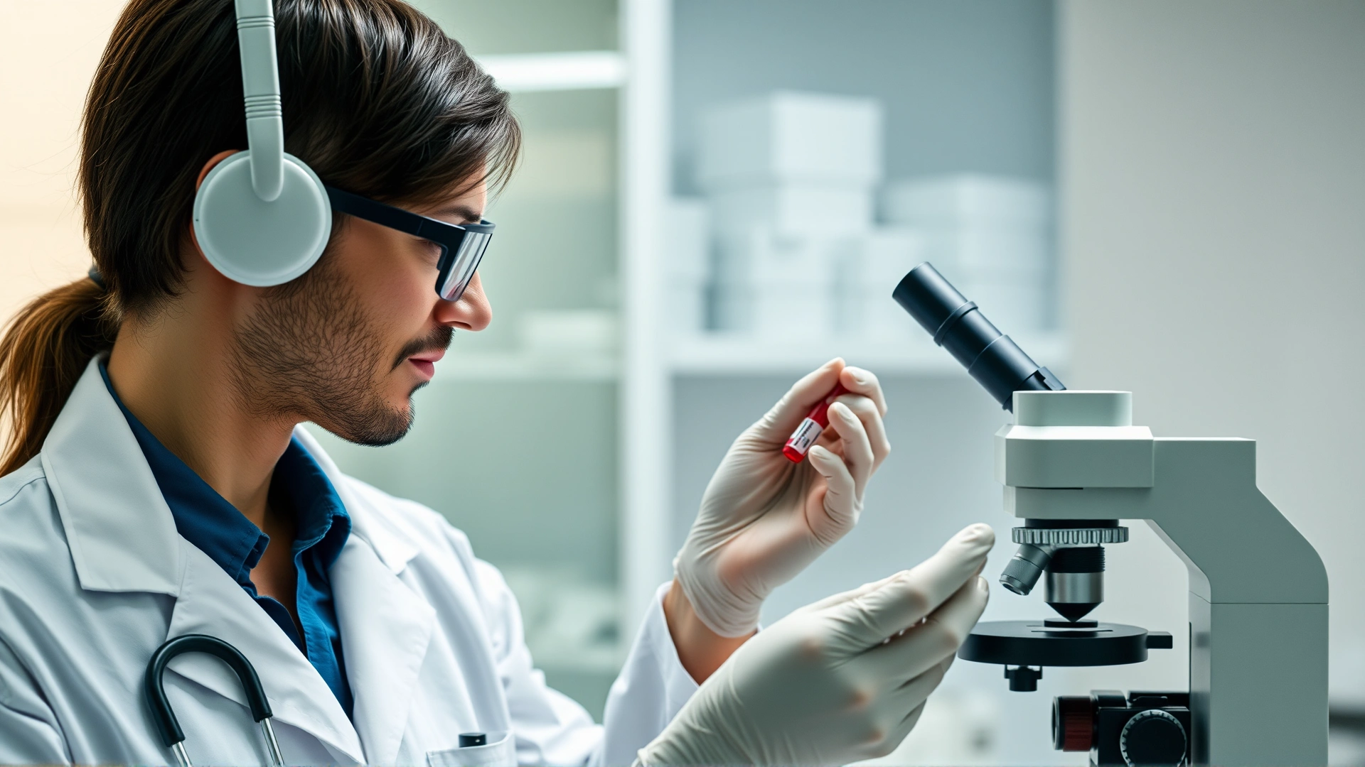 Veterinarian in lab coat holding a feline blood sample while examining a microscope slide in a modern veterinary laboratory.