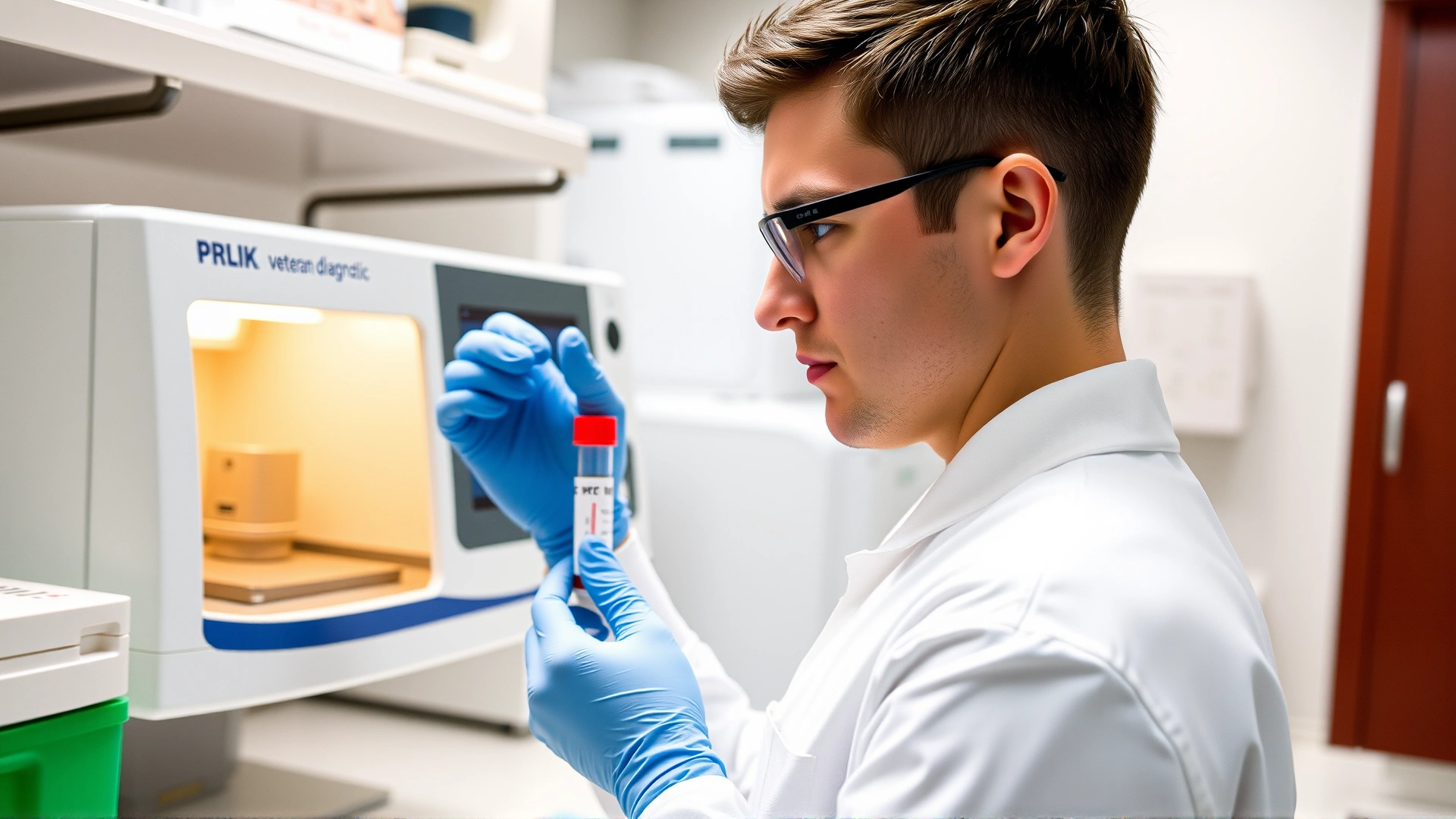 Laboratory technician holding a small tube of avian blood sample next to a PCR machine in a veterinary diagnostic lab. Bright, clean environment.