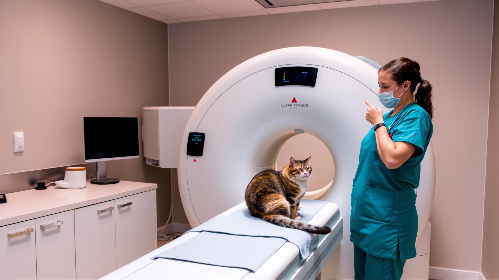 MRI scan room with a cat being prepared for imaging by veterinary staff, modern equipment, calm atmosphere