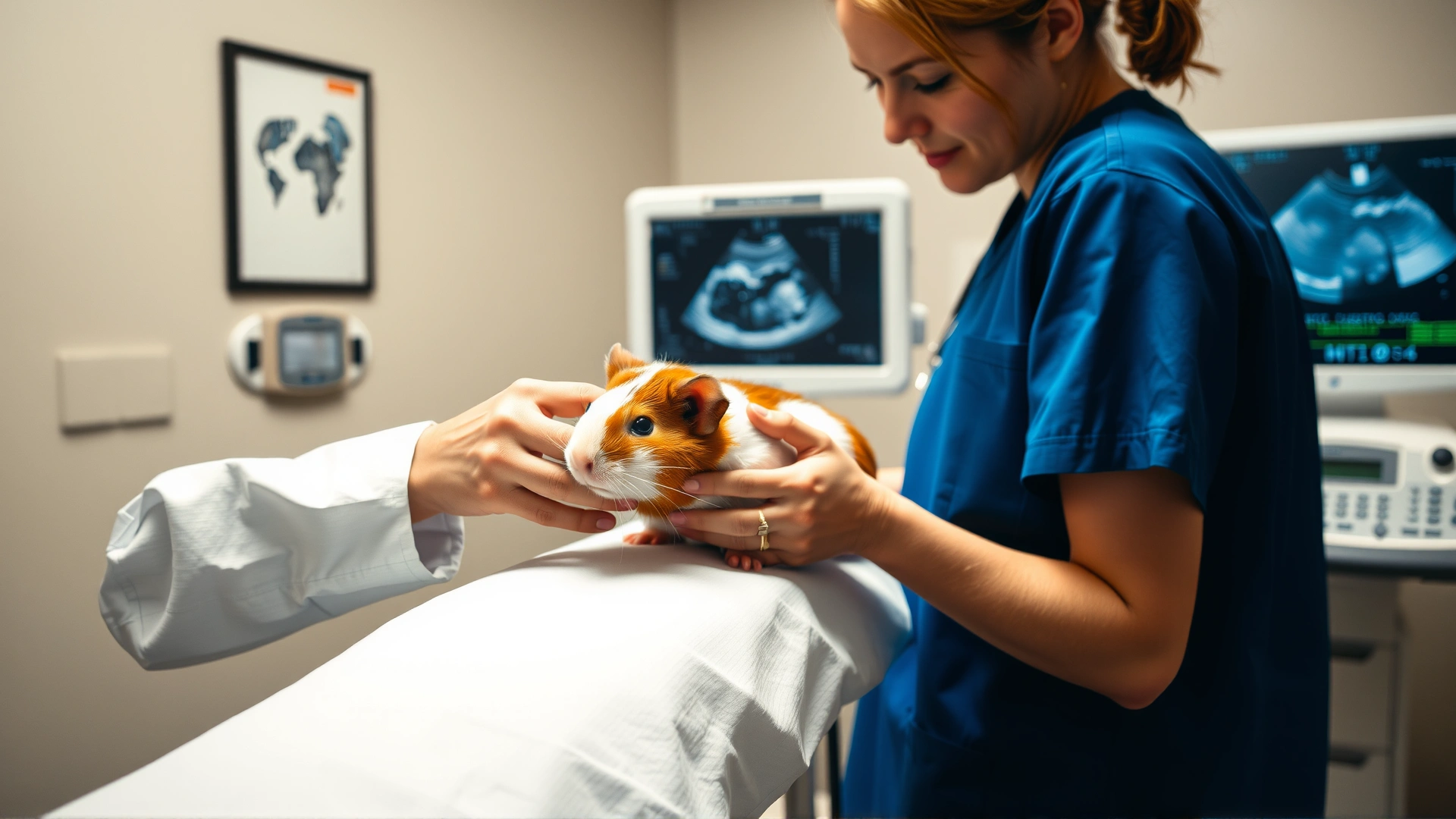Veterinarian using an ultrasound probe on a guinea pig’s abdomen while the assistant gently restrains the animal, clear view of ultrasound machine screen in background, well-lit clinic environment.