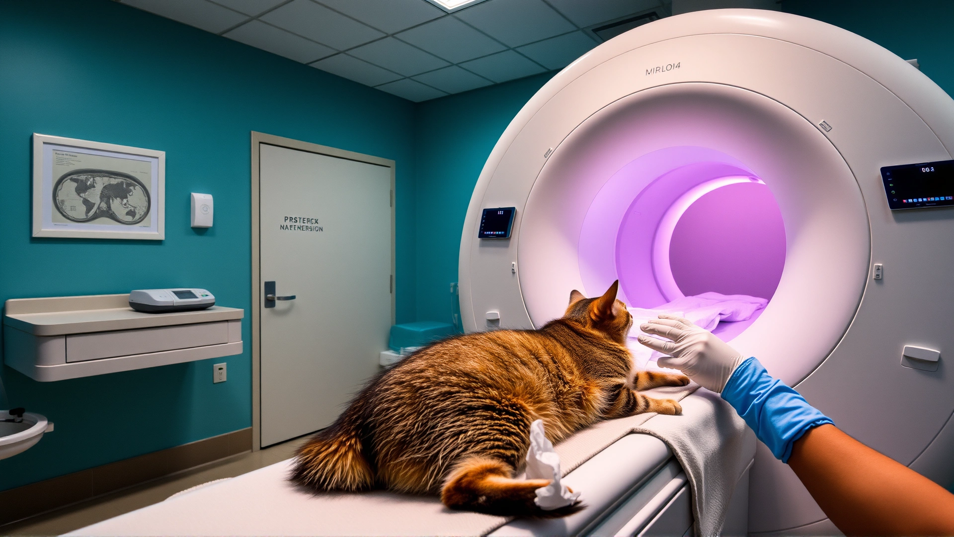 MRI machine in a veterinary hospital with a sedated cat being prepared for imaging, professional medical setting.