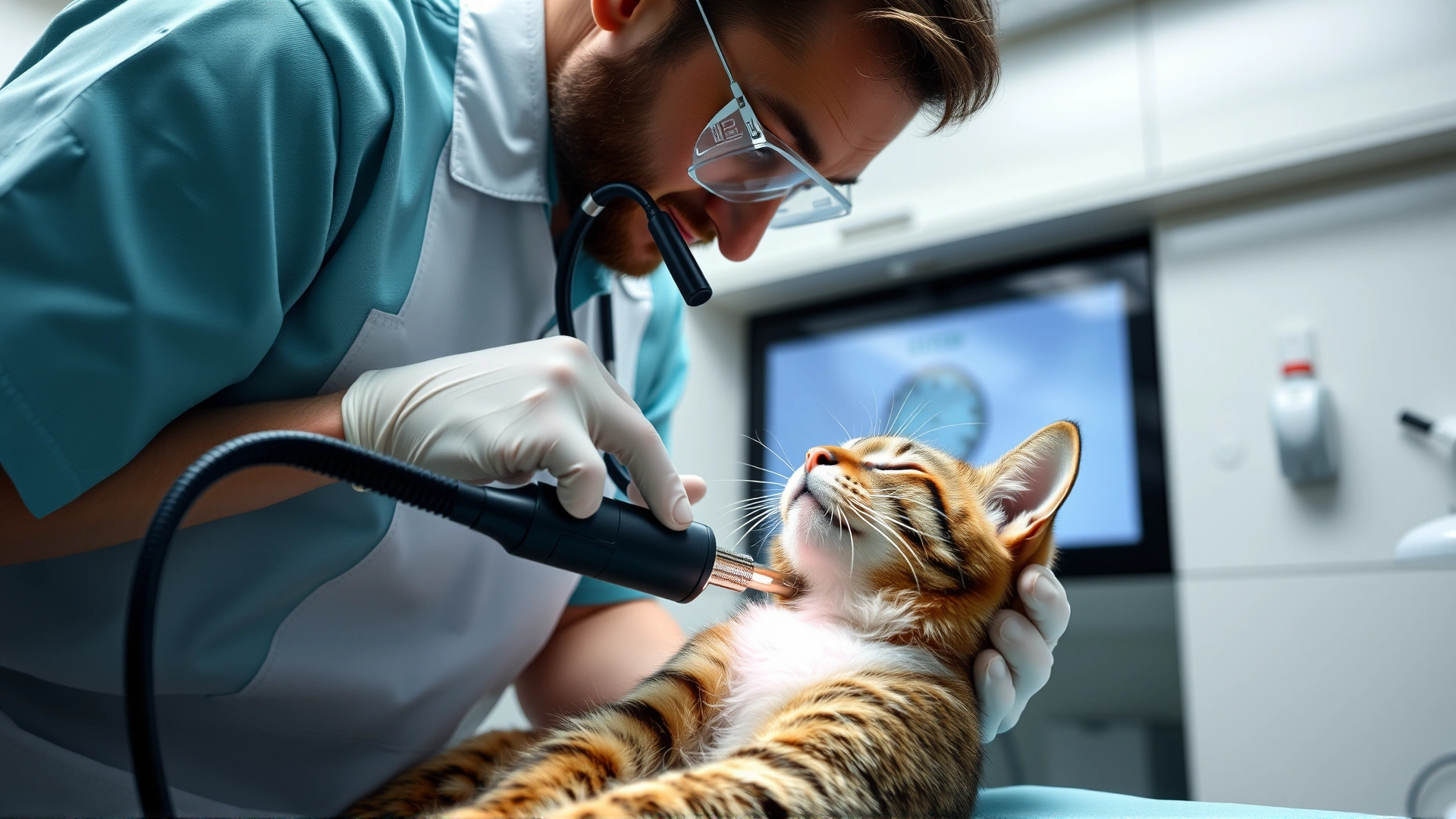 Veterinarian using a flexible endoscope to examine a sedated cat's nasal cavity in a modern veterinary clinic