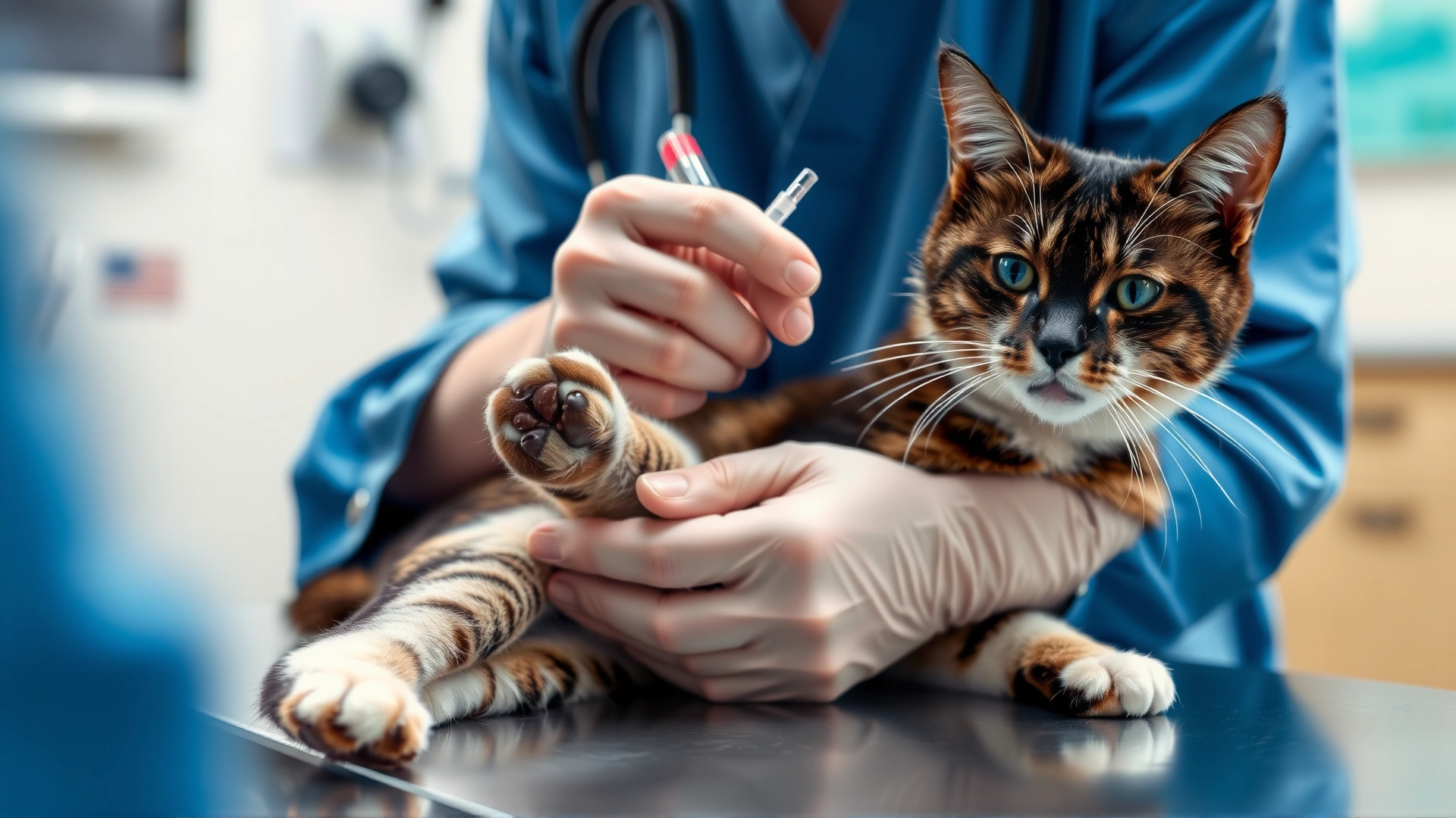 Veterinarian drawing blood from a cat's front paw using a small syringe, cat is calm on exam table, clinical background.