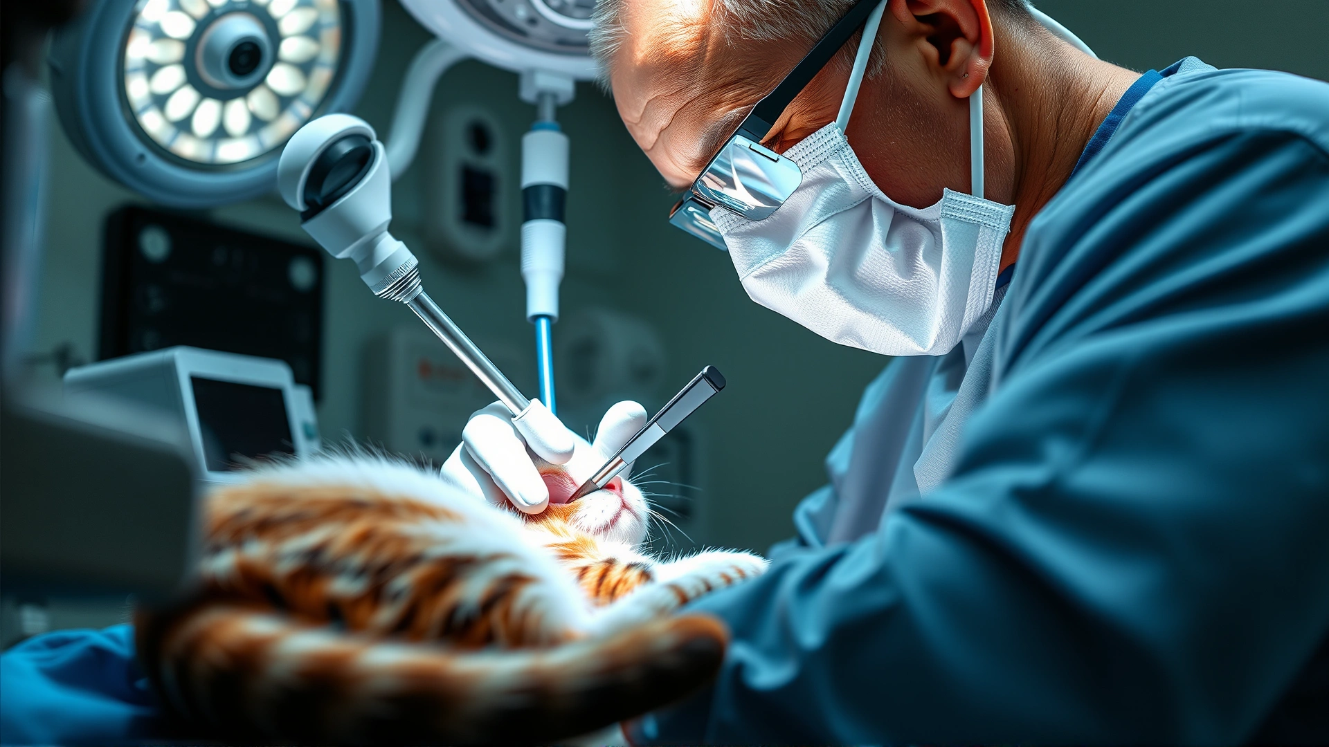 Veterinarian performing a colonoscopy on an anesthetized cat, medical equipment in focus, clinical environment