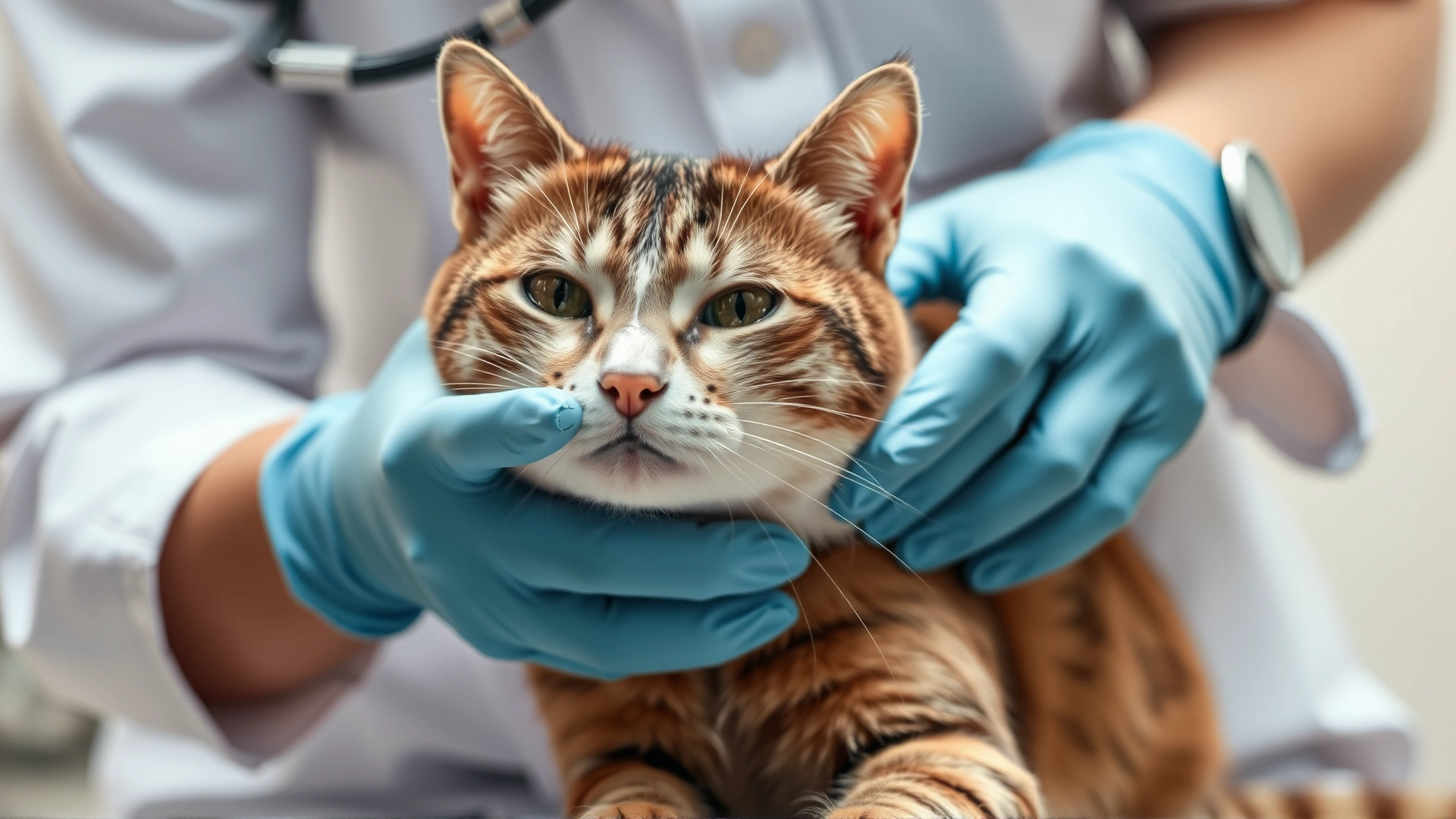 Close-up photo of a veterinarian wearing gloves performing a gentle digital rectal exam on a calm cat