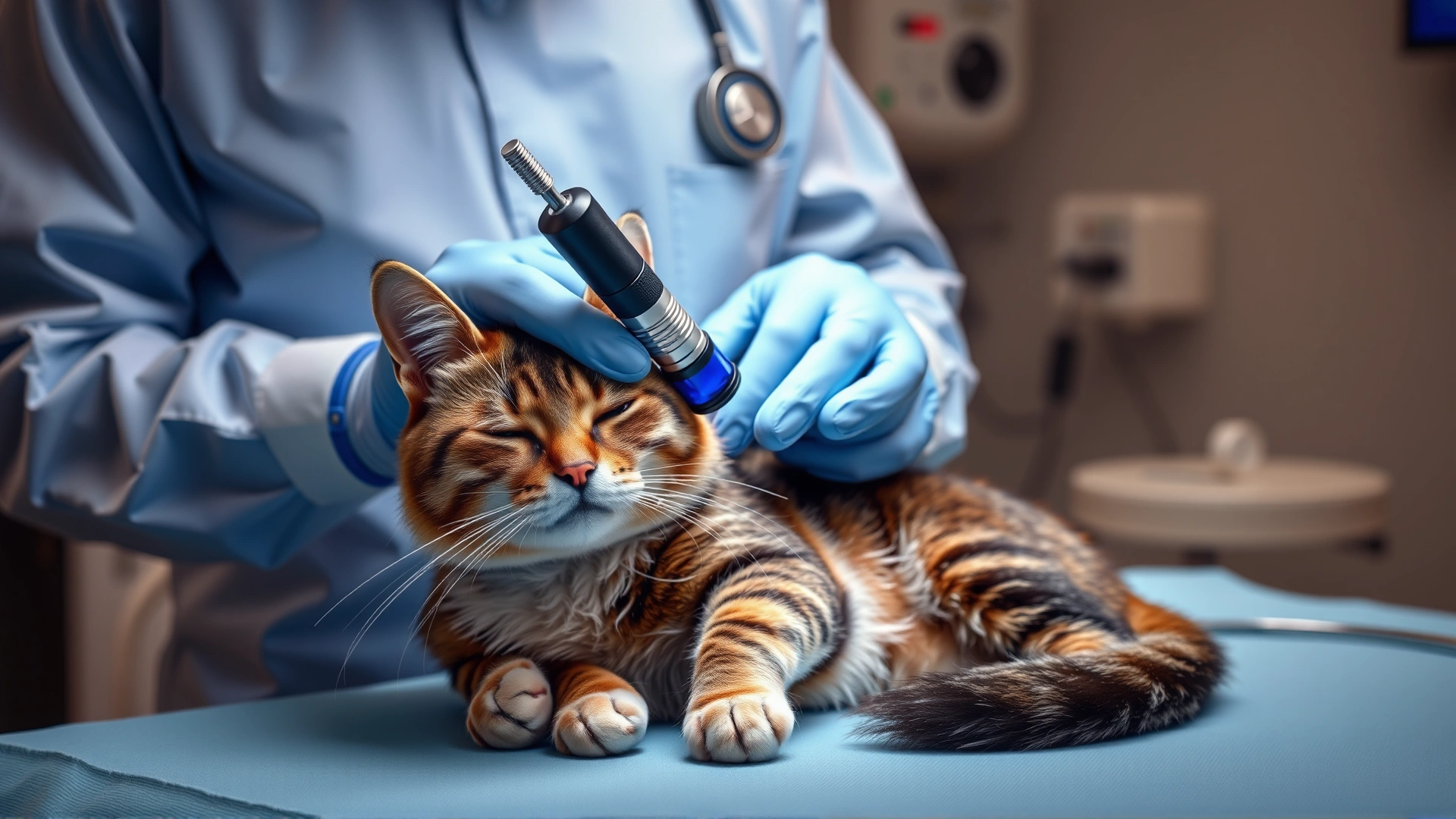 Veterinarian performing rhinoscopy on an anesthetized cat on an operating table with medical equipment visible.