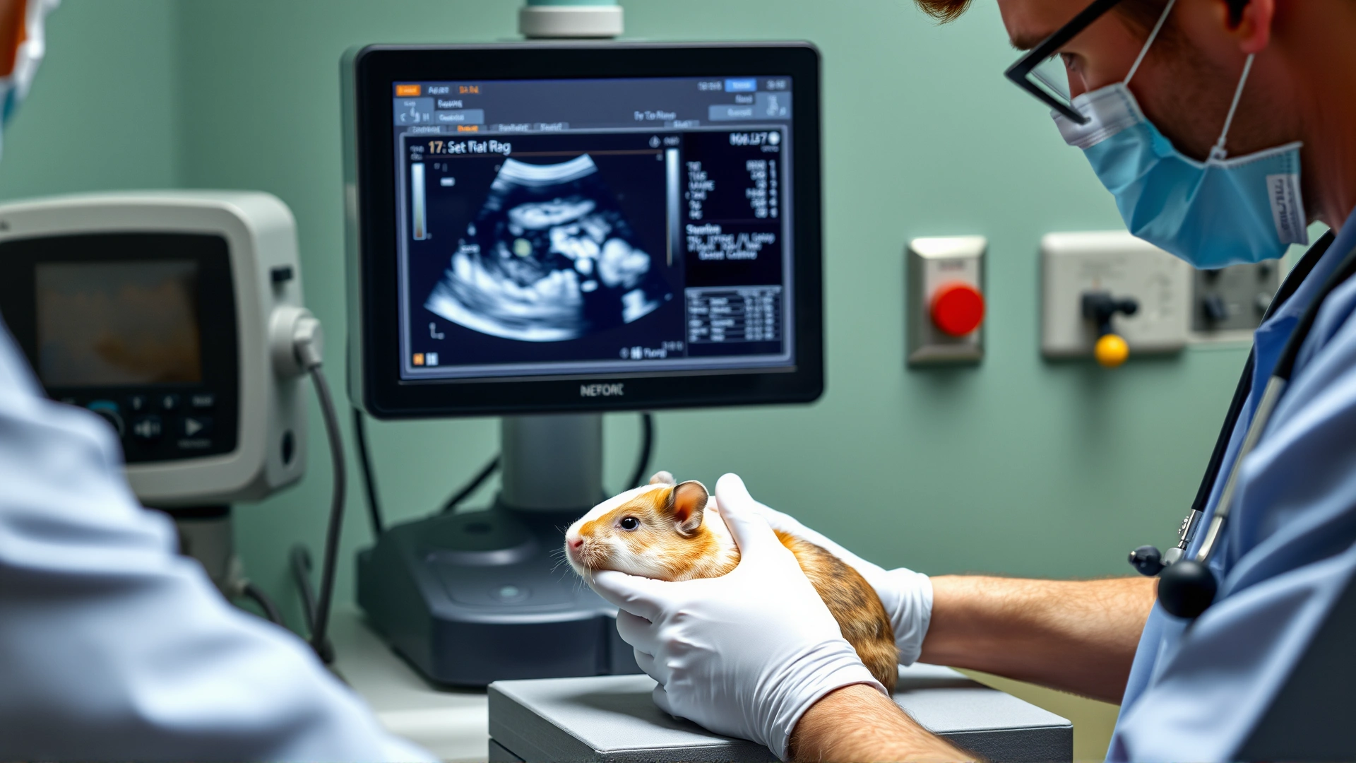 Veterinarian performing an ultrasound scan on a small guinea pig, medical equipment visible, clinical setting