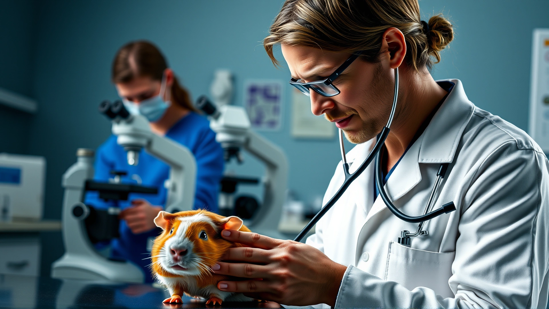 Veterinarian using a stethoscope and palpating a guinea pig while a technician prepares a microscope slide in the background, clinical setting.