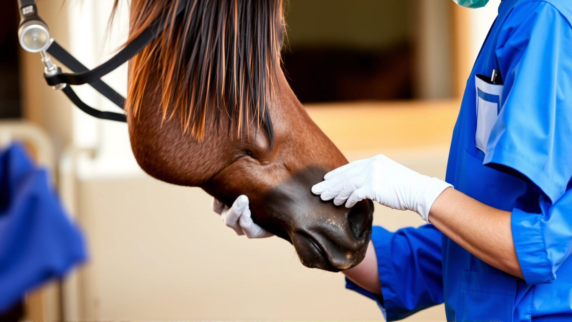 Veterinarian in blue scrubs examining a horse’s skin with gloved hands, stable background softly blurred