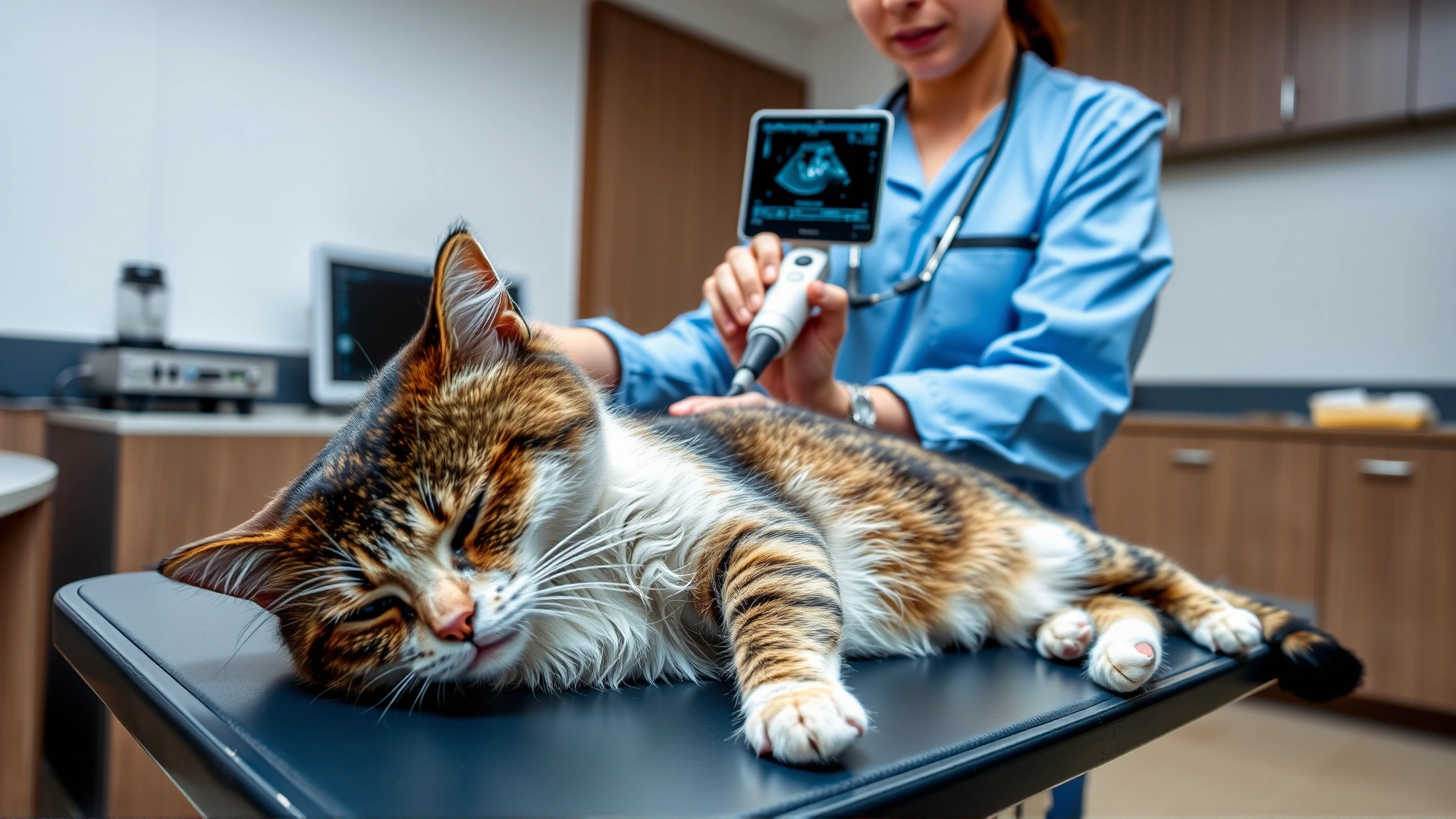 Veterinarian using an ultrasound probe on a calm cat lying on a clinic table, modern veterinary clinic setting.