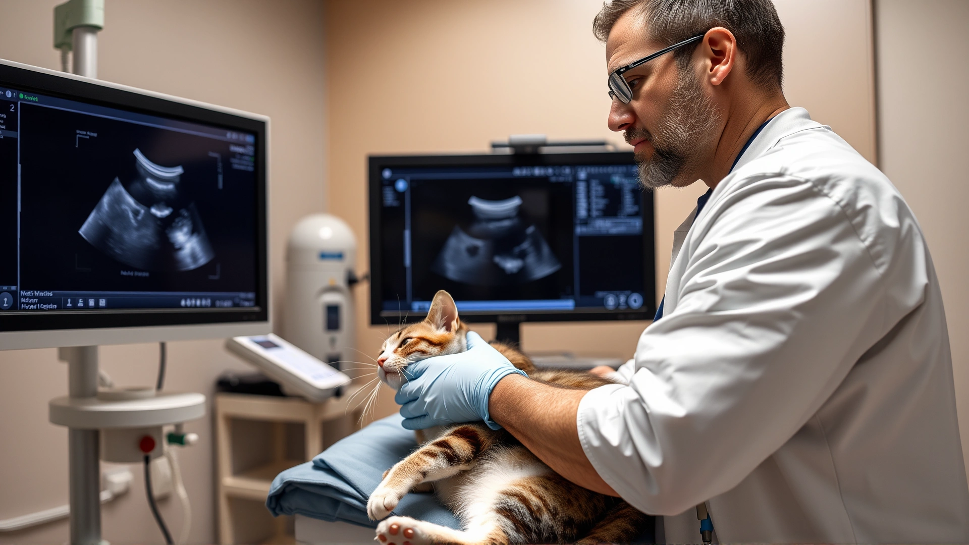 Veterinarian performing abdominal ultrasound on a sedated cat, monitor screen visible but out of focus, modern clinic environment