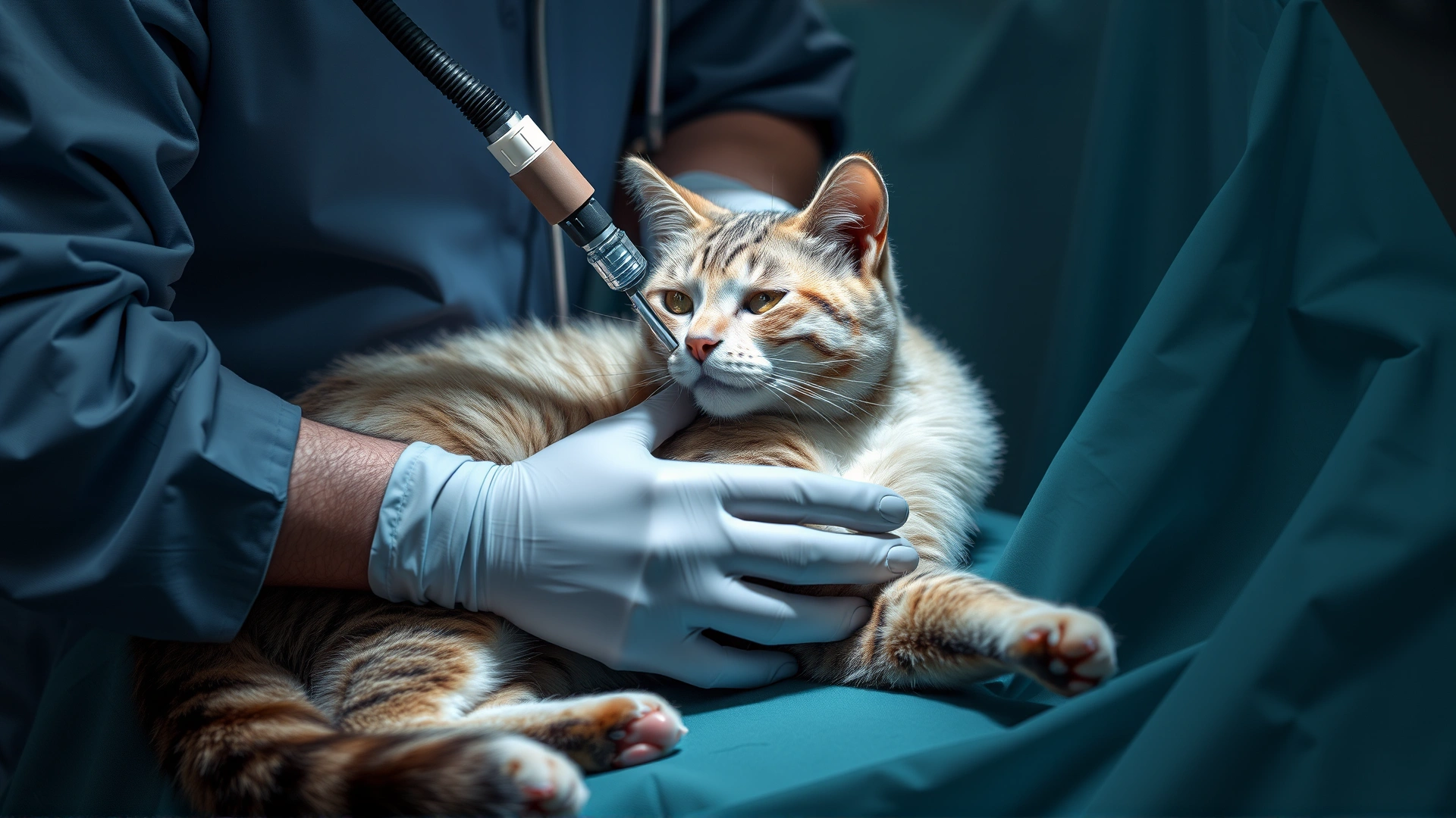 Photo of a veterinarian performing thoracocentesis on a sedated cat with sterile drapes, demonstrating the diagnostic procedure