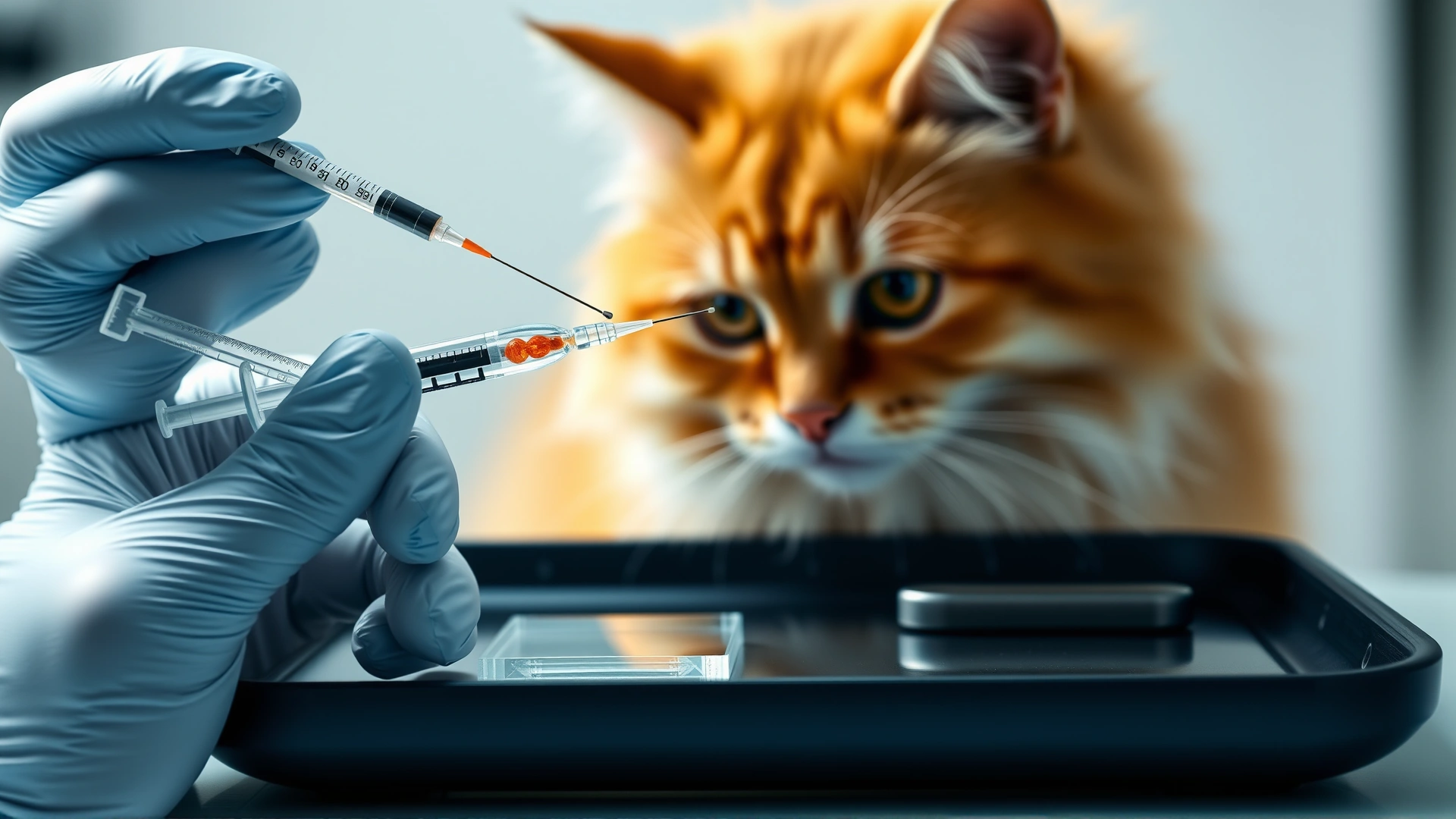 Veterinarian holding a syringe with a fine needle aspirate sample next to a microscope slide on a clinic tray, cat in soft focus in the background.