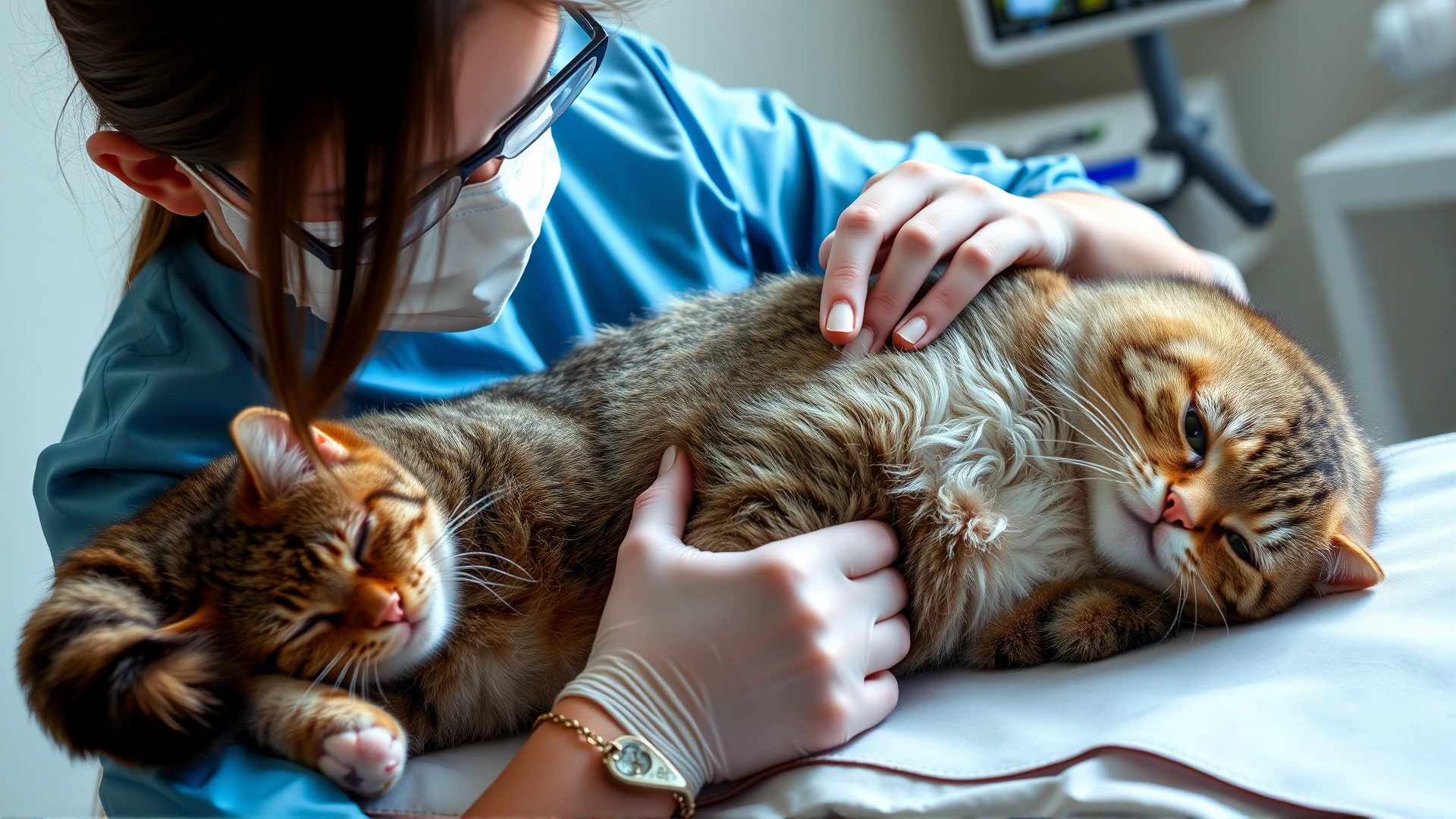Veterinarian performing an abdominal ultrasound on a relaxed cat, side view, clinic setting.