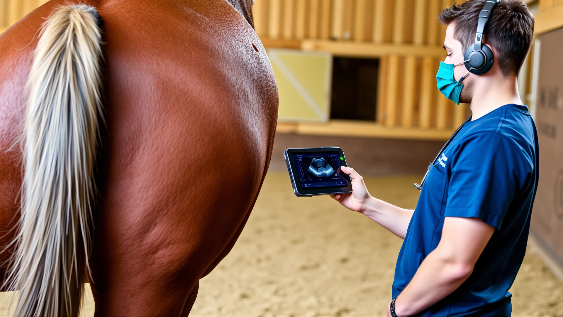 A vet using portable ultrasound on a horse's hind leg while an assistant holds the horse, barn background, no text.