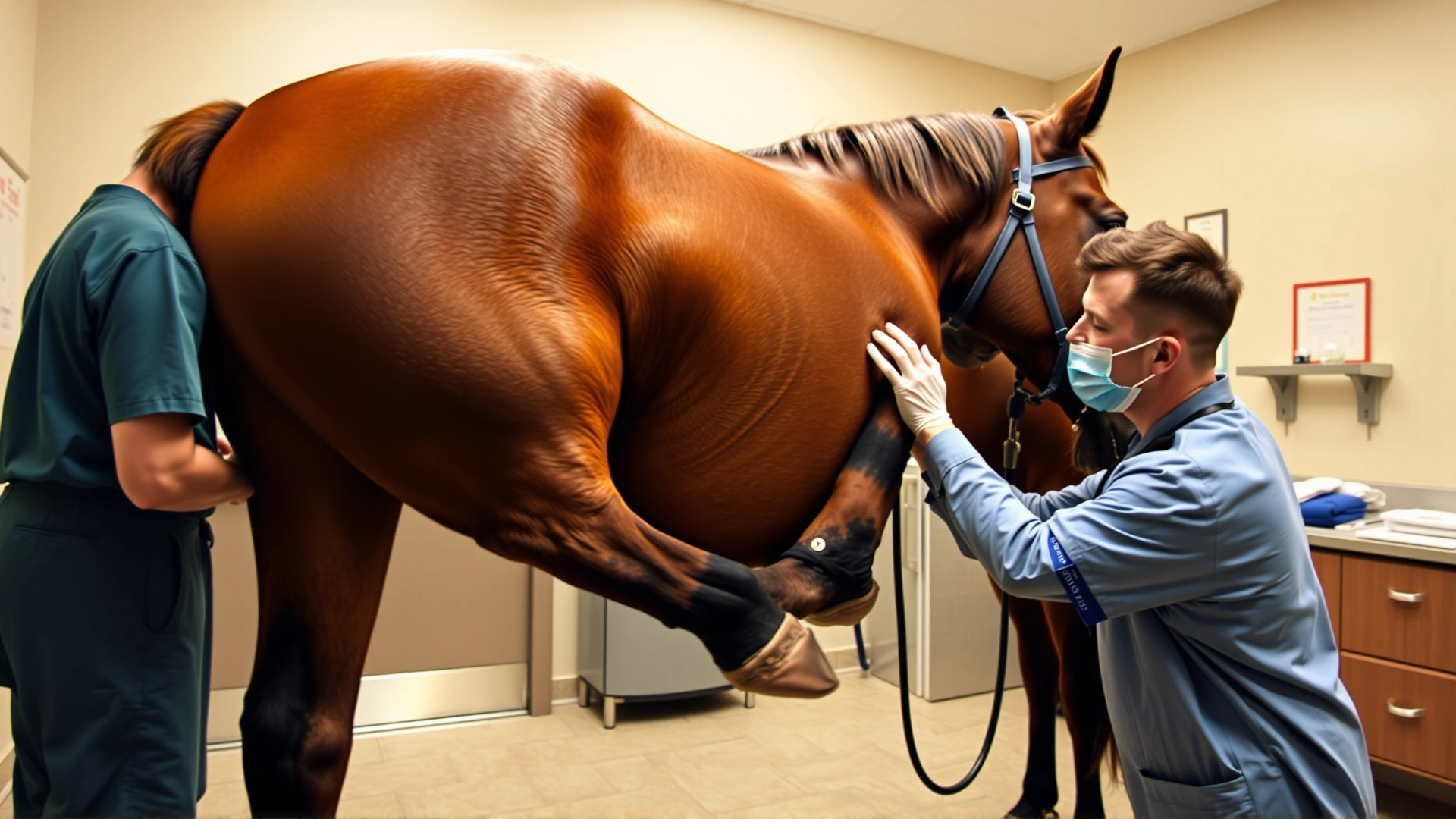 Veterinarian performing a neurologic exam on a bay horse, gently lifting the hind leg while an assistant steadies the horse; clinic environment, realistic photo, no text
