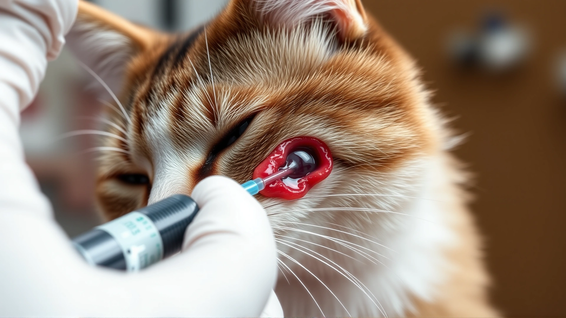 Macro shot of a syringe drawing fluid from a cat’s ear hematoma, sterile gloves and medical setting in background