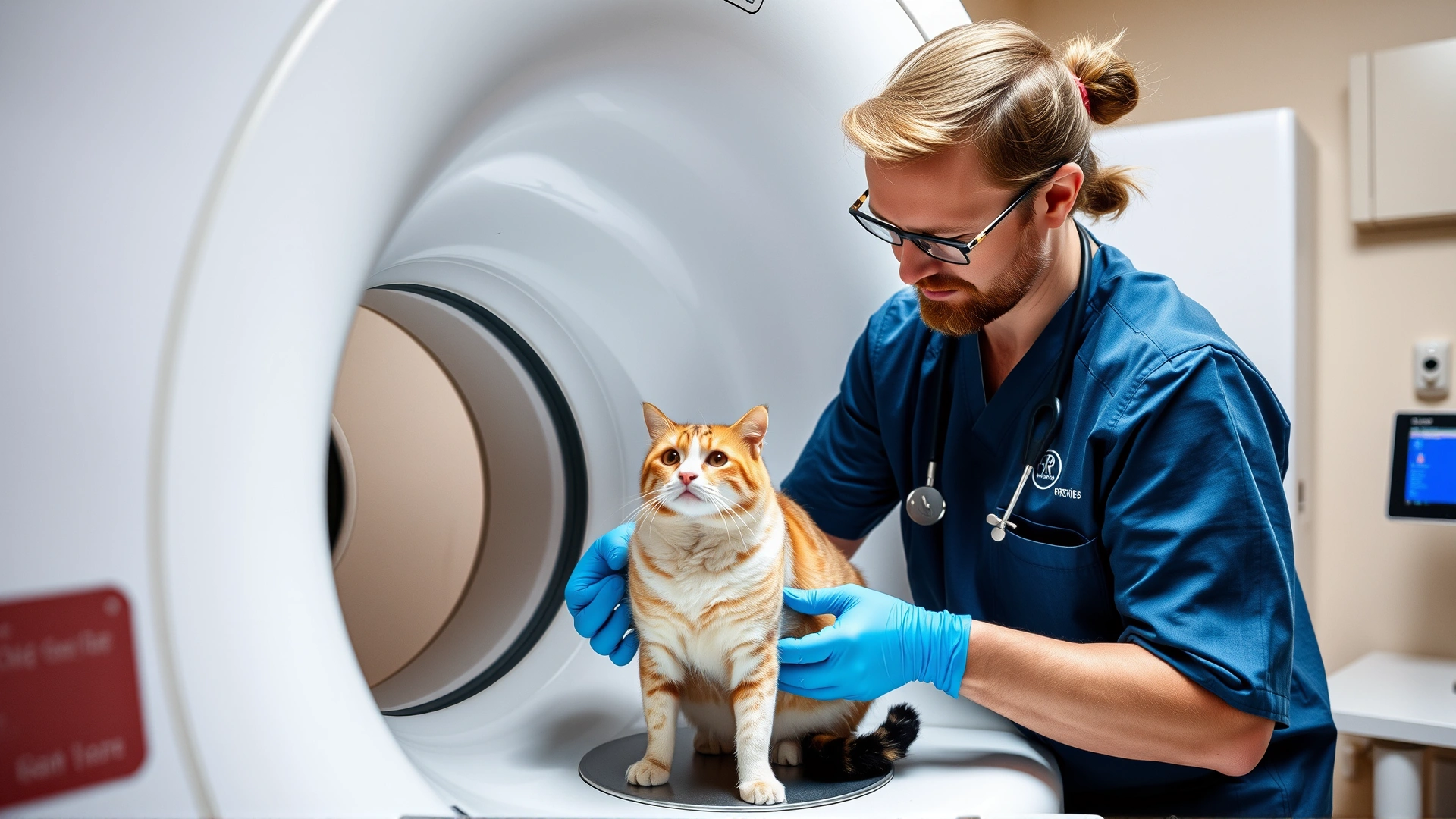 Veterinary technician preparing a cat for an MRI scan inside a modern imaging machine, clinic environment, no text.