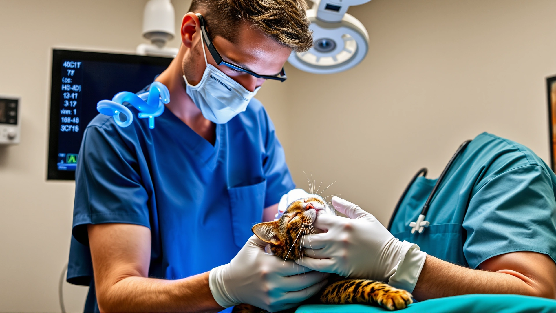 Veterinarian wearing scrubs performing an endoscopy on a sedated cat, monitor showing airway, modern clinic environment, high clarity.