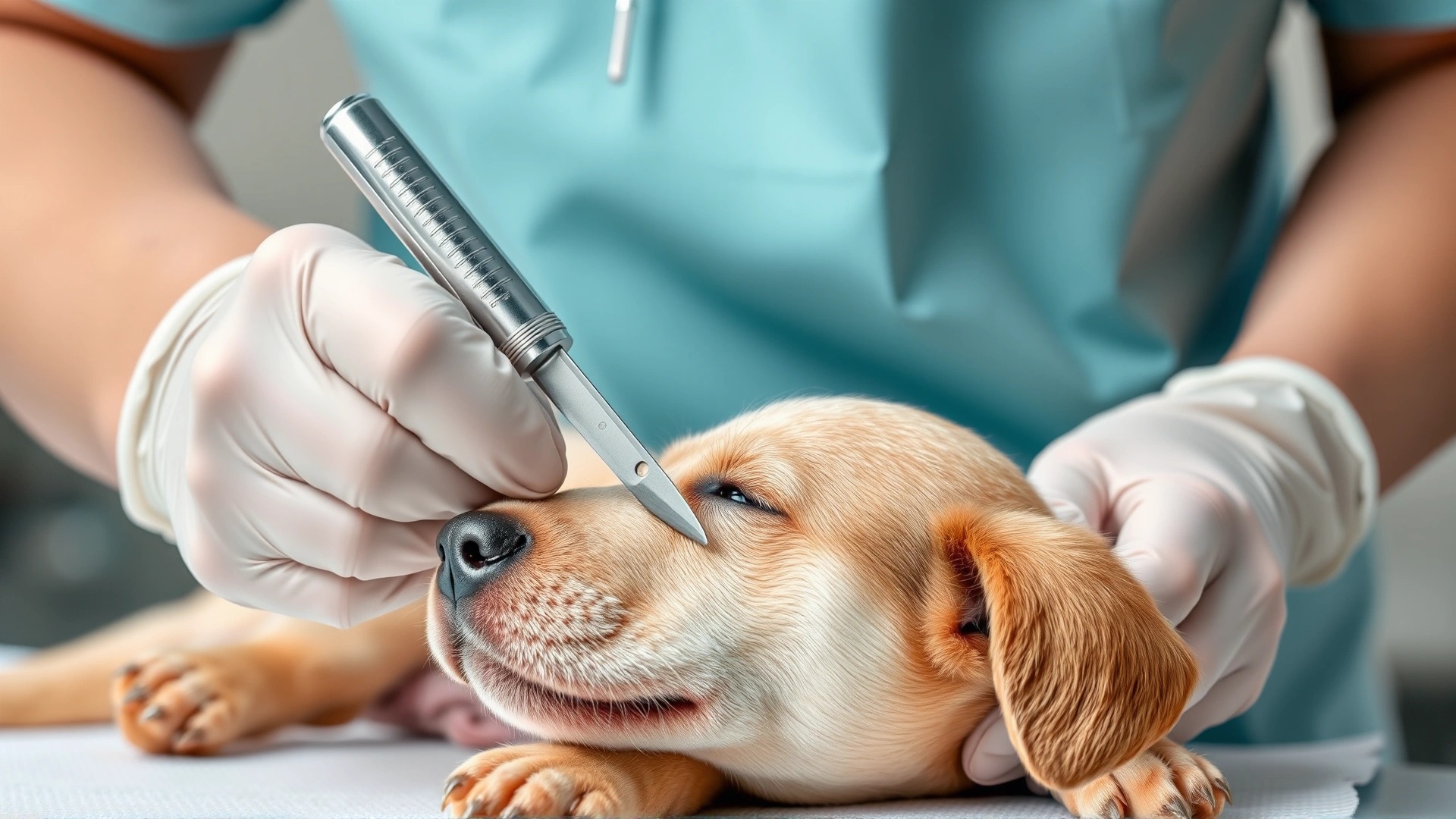 Image of a veterinarian performing a skin scraping on a calm puppy using a sterile blade, with gloved hands and medical instruments visible.