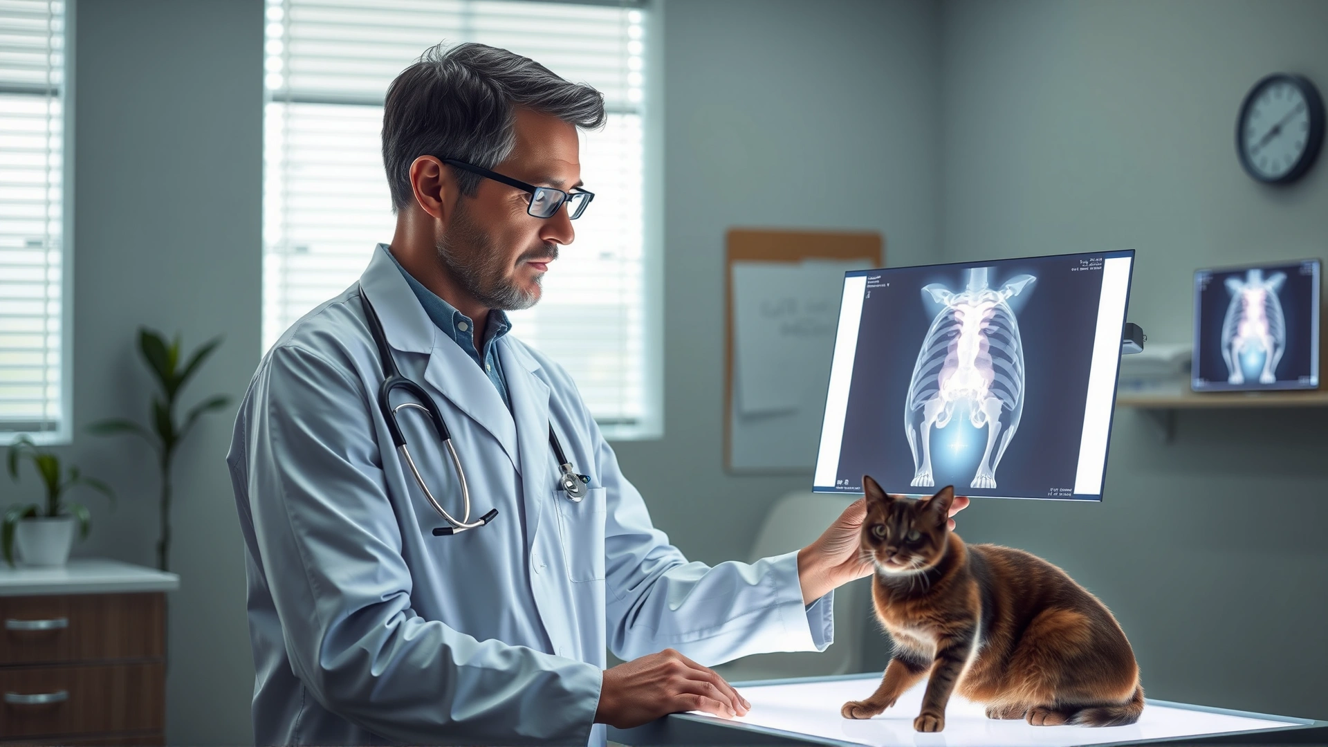 Veterinarian analyzing an X-ray image of a cat’s chest on a lightbox, clinic environment.