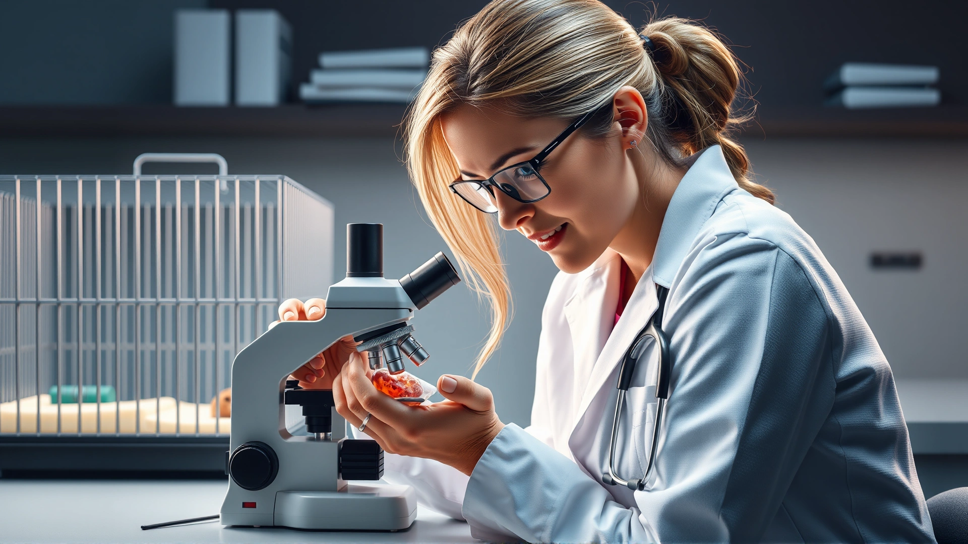Female veterinarian in lab coat inspecting a small sample under a microscope with a hamster cage in the background.