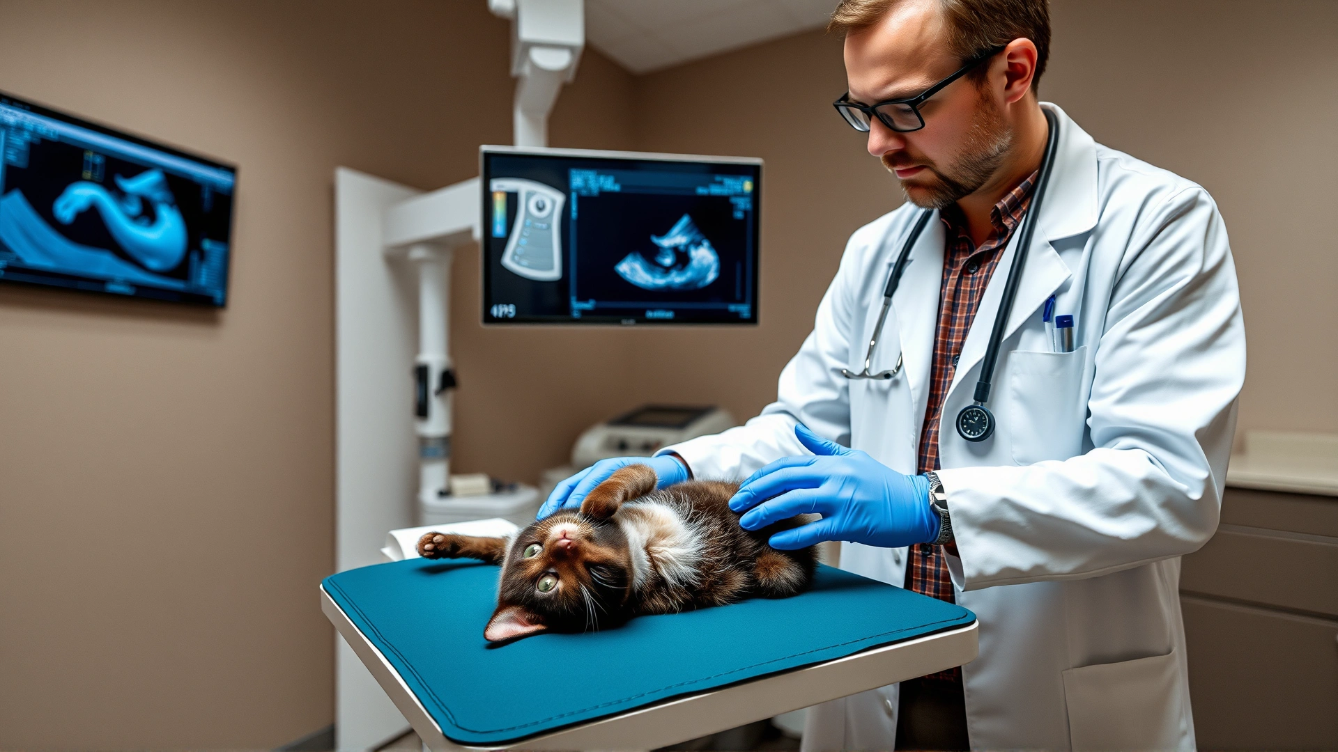 Veterinarian wearing a white coat performing an abdominal ultrasound scan on a sedated cat in a modern clinic.