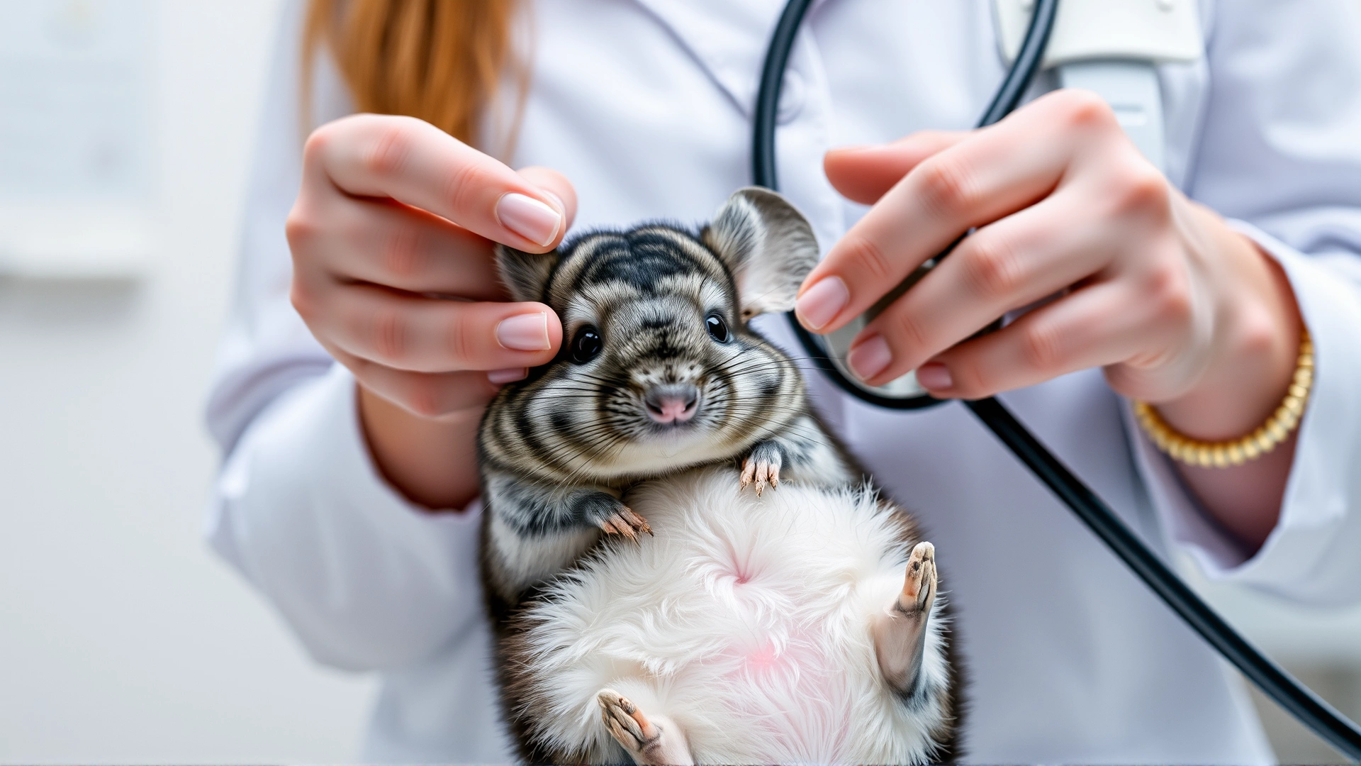 Veterinarian gently examining a chinchilla’s abdomen while holding a stethoscope and wearing gloves in a clinic setting