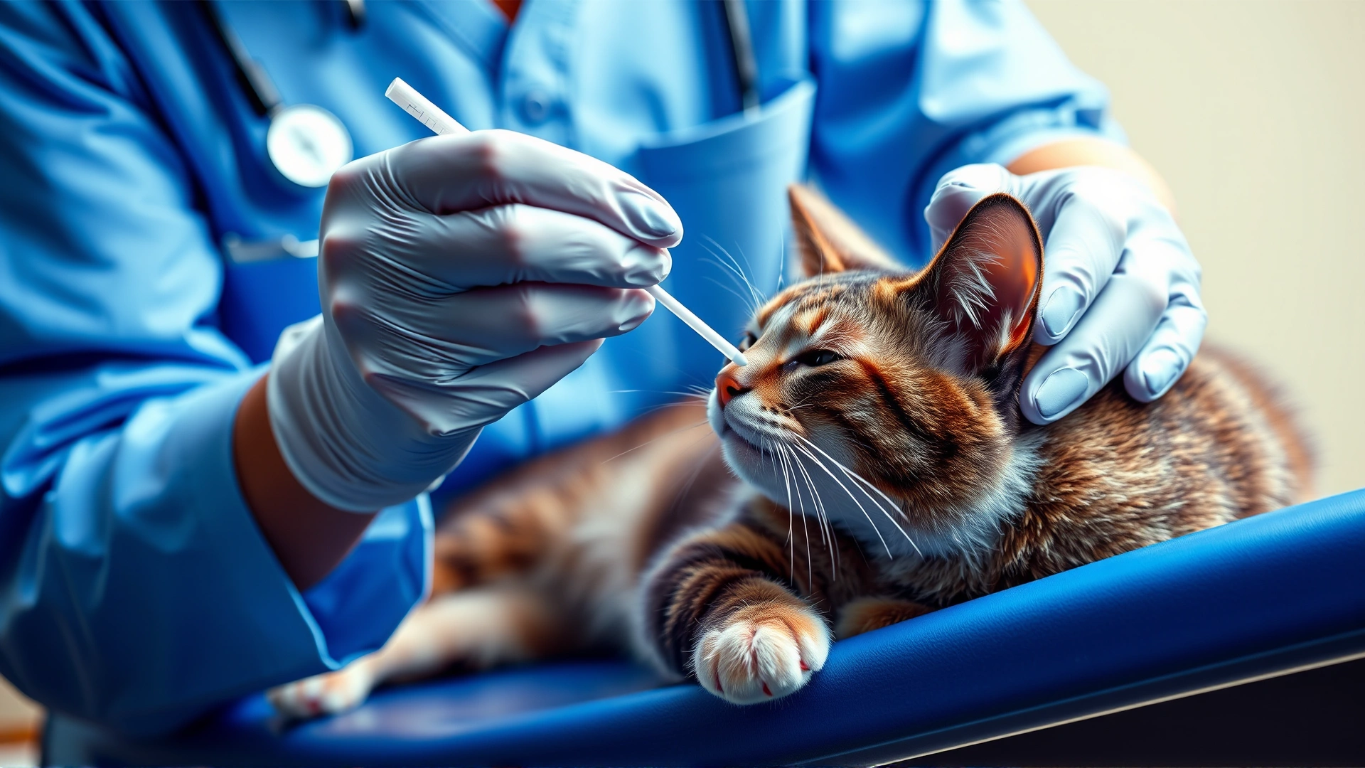 Veterinarian wearing gloves taking a nasal swab from a calm cat on an exam table.