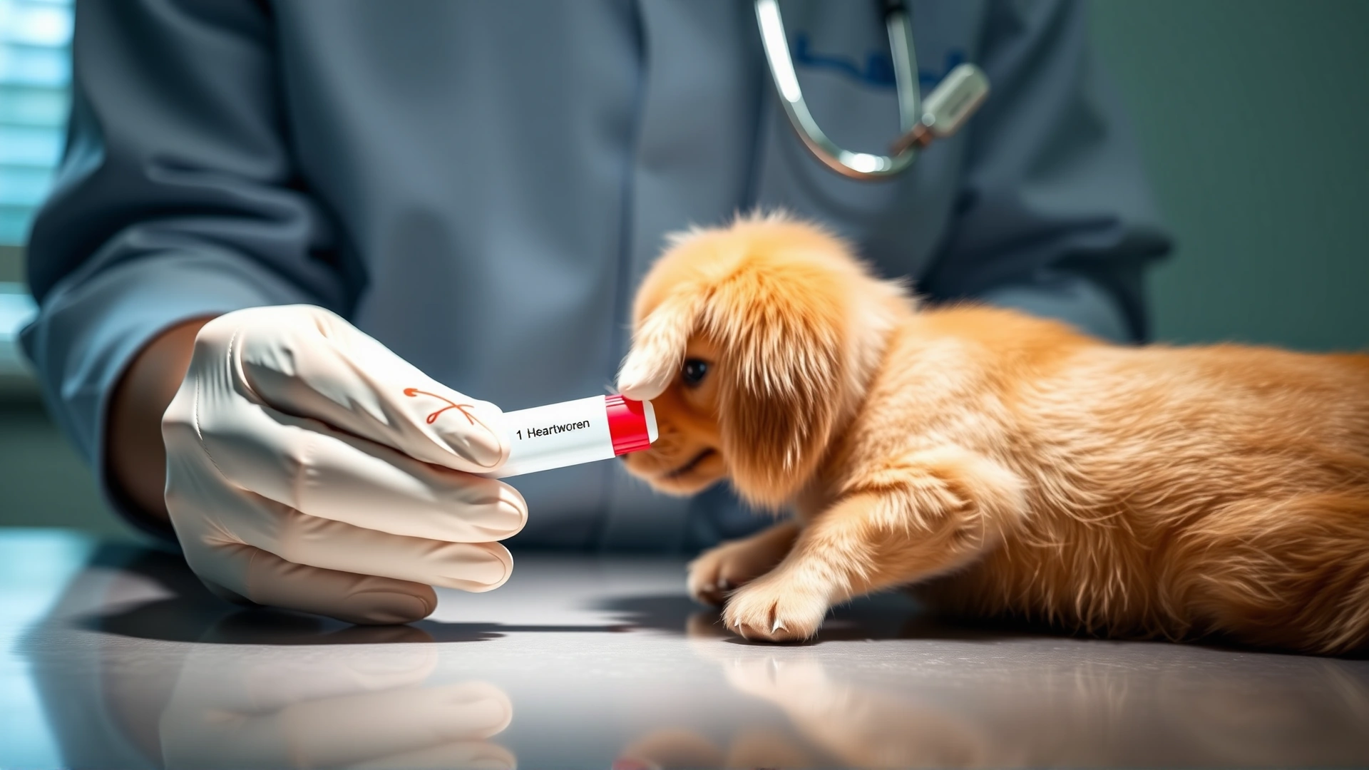 Veterinarian wearing gloves performing a heartworm antigen test using a rapid test kit on a well-lit examination table.