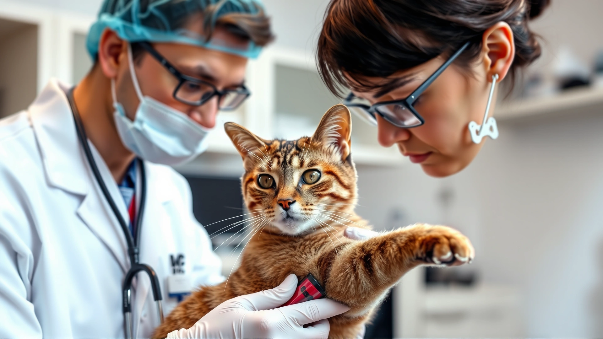 Veterinarian taking a blood sample from a cat's foreleg in a modern veterinary laboratory setting.