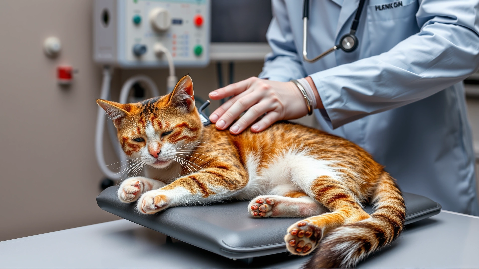 Veterinarian placing ECG electrodes on a sedated cat on examination table; medical equipment in background.