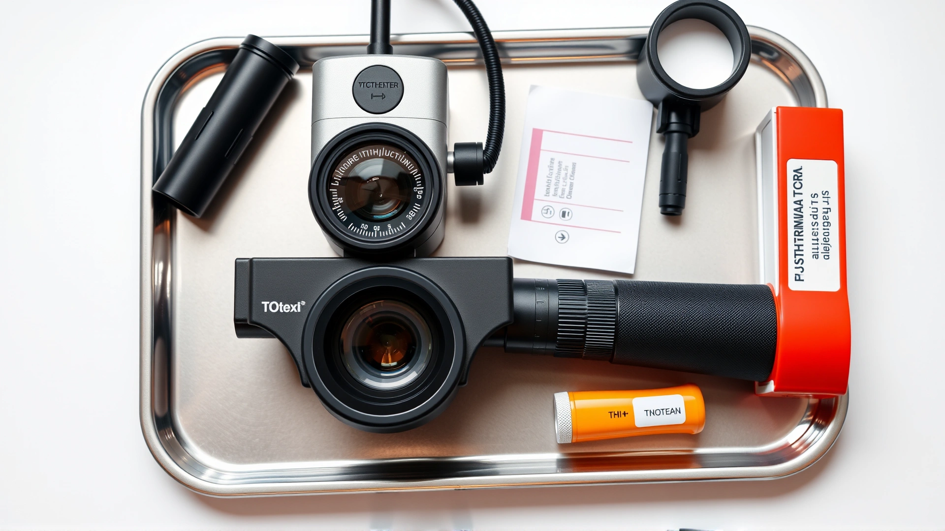 Flat lay of veterinary ophthalmology tools including tonometer, fluorescein strips, and penlight on a sanitized tray, no text