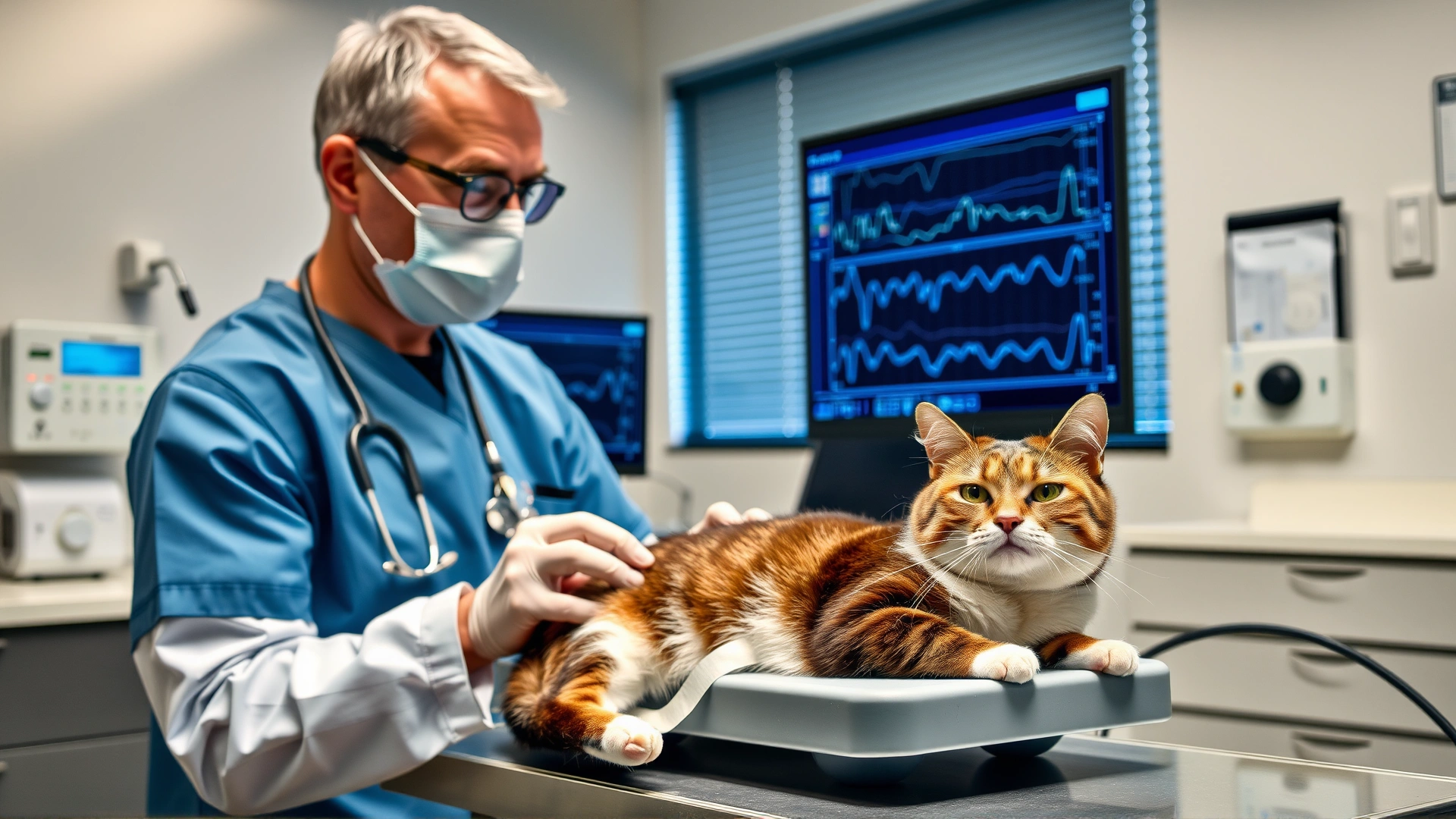 Veterinarian performing electromyography (EMG) on a sedated cat inside a modern veterinary clinic, focus on the procedure and equipment