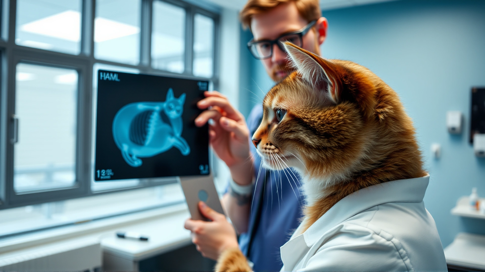 Veterinary technician taking a chest X-ray of a calm cat inside a modern clinic.