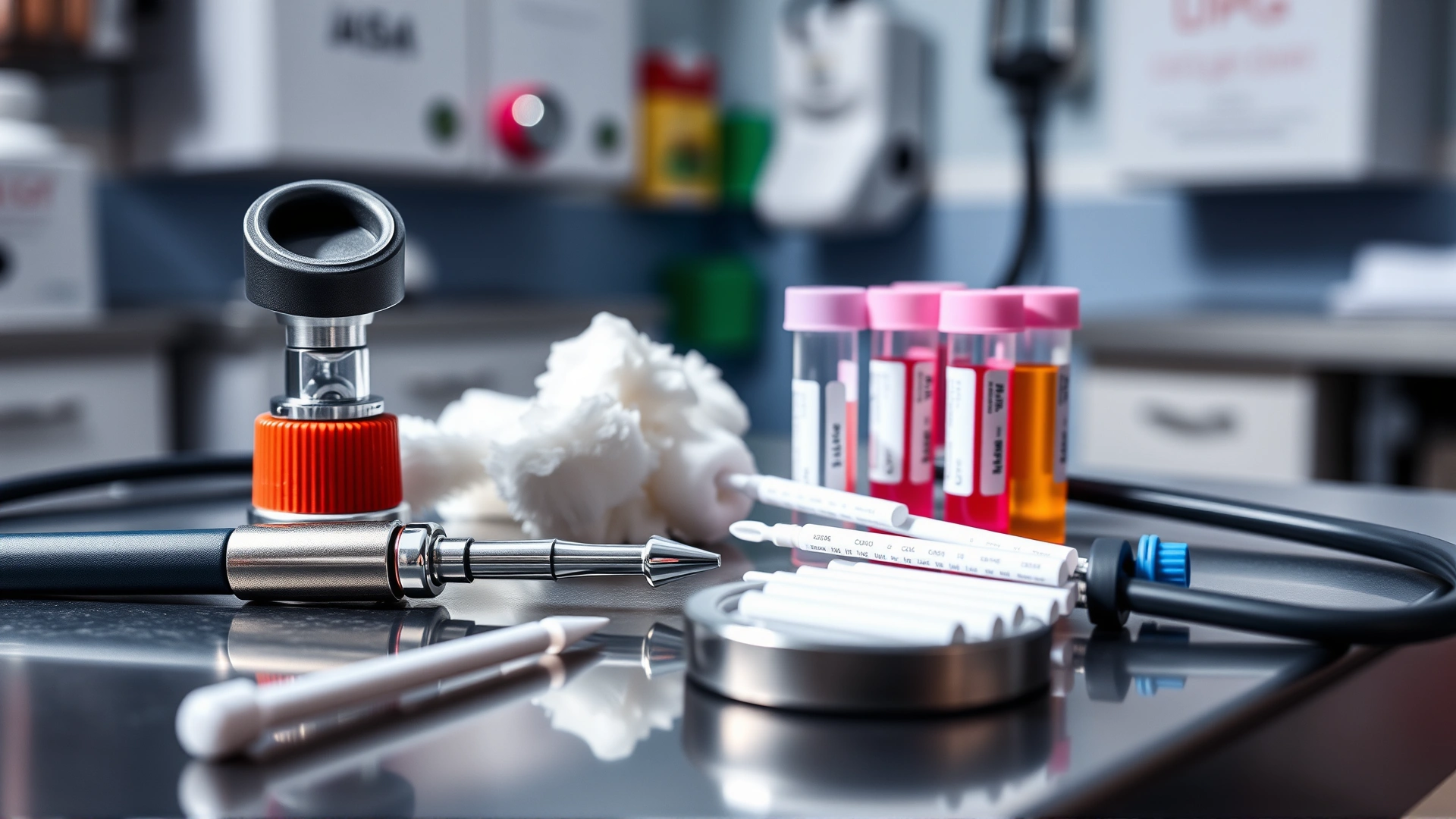 Close-up of veterinary diagnostic tools on a stainless steel table: otoscope, cotton swabs, and sample tubes, clinic background softly blurred