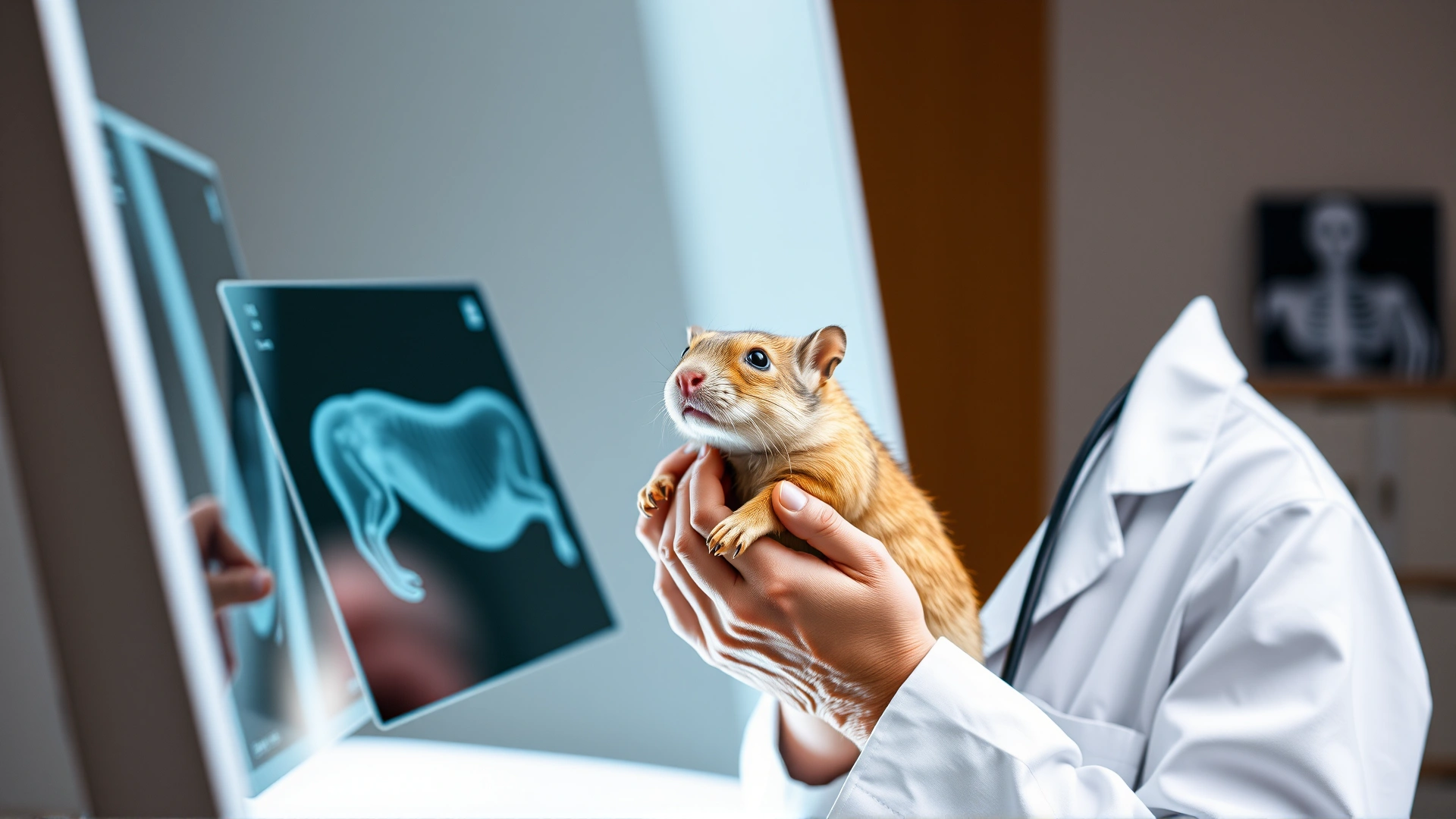 Veterinarian in white coat holding a small prairie dog while examining an X-ray on a lightbox, clinic background