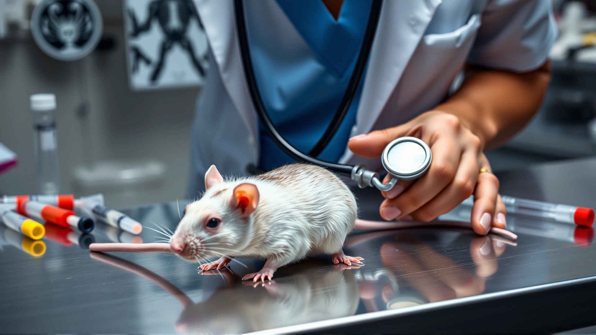 Veterinarian examining a rat with a stethoscope on a stainless steel table, with diagnostic tools like X-ray plates and syringes visible but out of focus in the background.