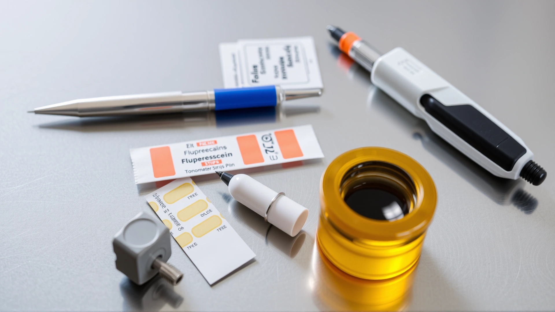 Flat-lay of veterinary ophthalmology tools such as fluorescein strips, tonometer pen, and sterile saline on a stainless steel table