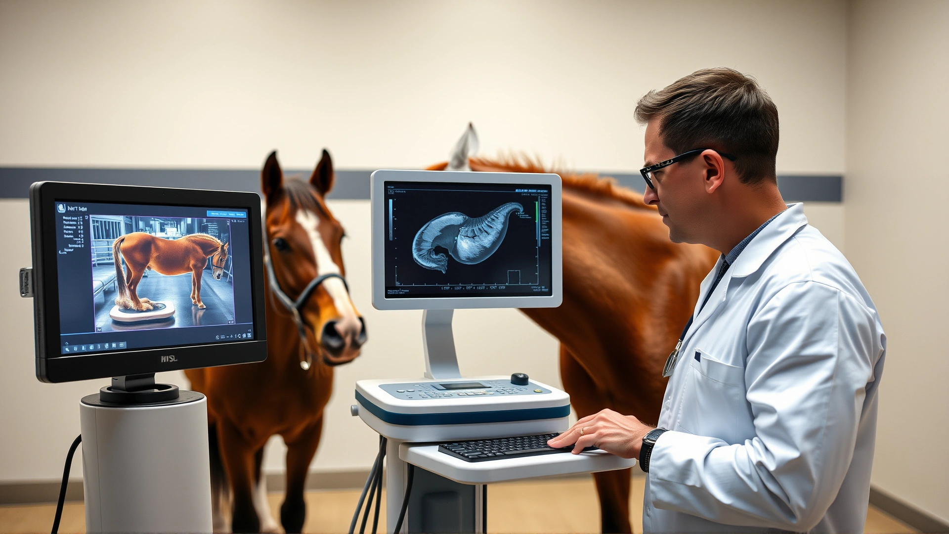 Modern equine veterinary clinic scene with portable ultrasound, X-ray device, and a vet reviewing scan results on a monitor, horse standing nearby, no text