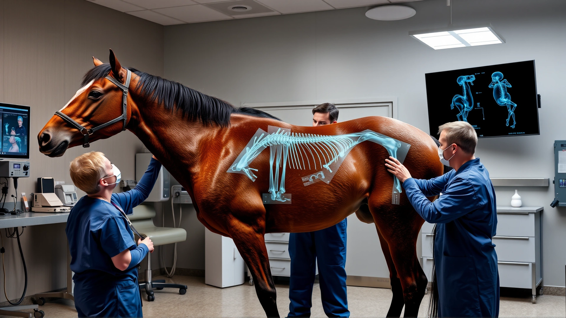 Veterinary team preparing a sedated horse for a standing cervical X-ray in a modern equine clinic.