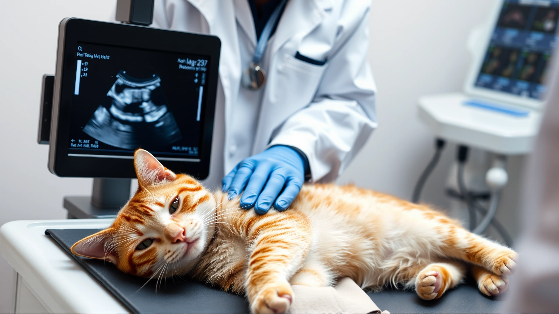 Veterinarian performing an ultrasound scan on a relaxed orange tabby cat lying on an examination table, clear view of ultrasound machine, clinical setting