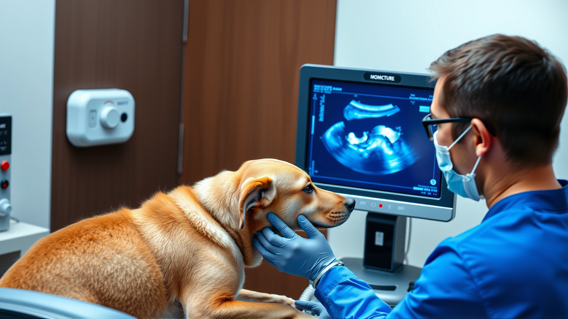 Veterinary oncologist performing an ultrasound scan on a medium-sized dog with the monitor screen visible, clinical setting.
