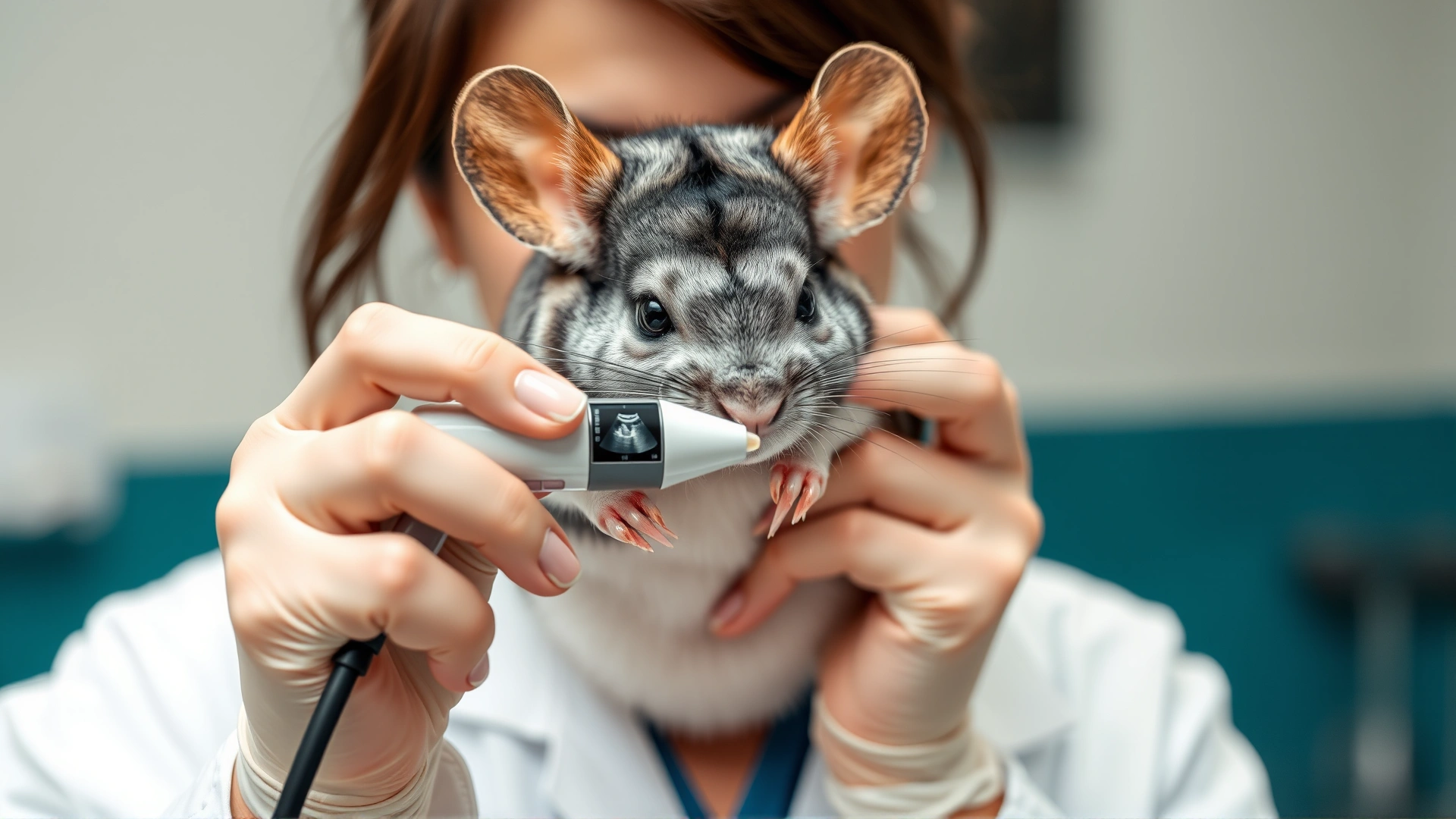 Veterinarian holding a small ultrasound probe against a chinchilla’s abdomen in a modern clinical setting